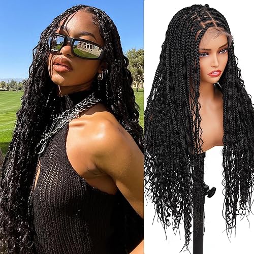 Top Remy Braided Wigs for Black Women 36” Boho Knotless Box Braided Wig Bohemian Braid Wig with Baby Hair Over Hip-Length Synthetic Black Braided Lace Front Wig