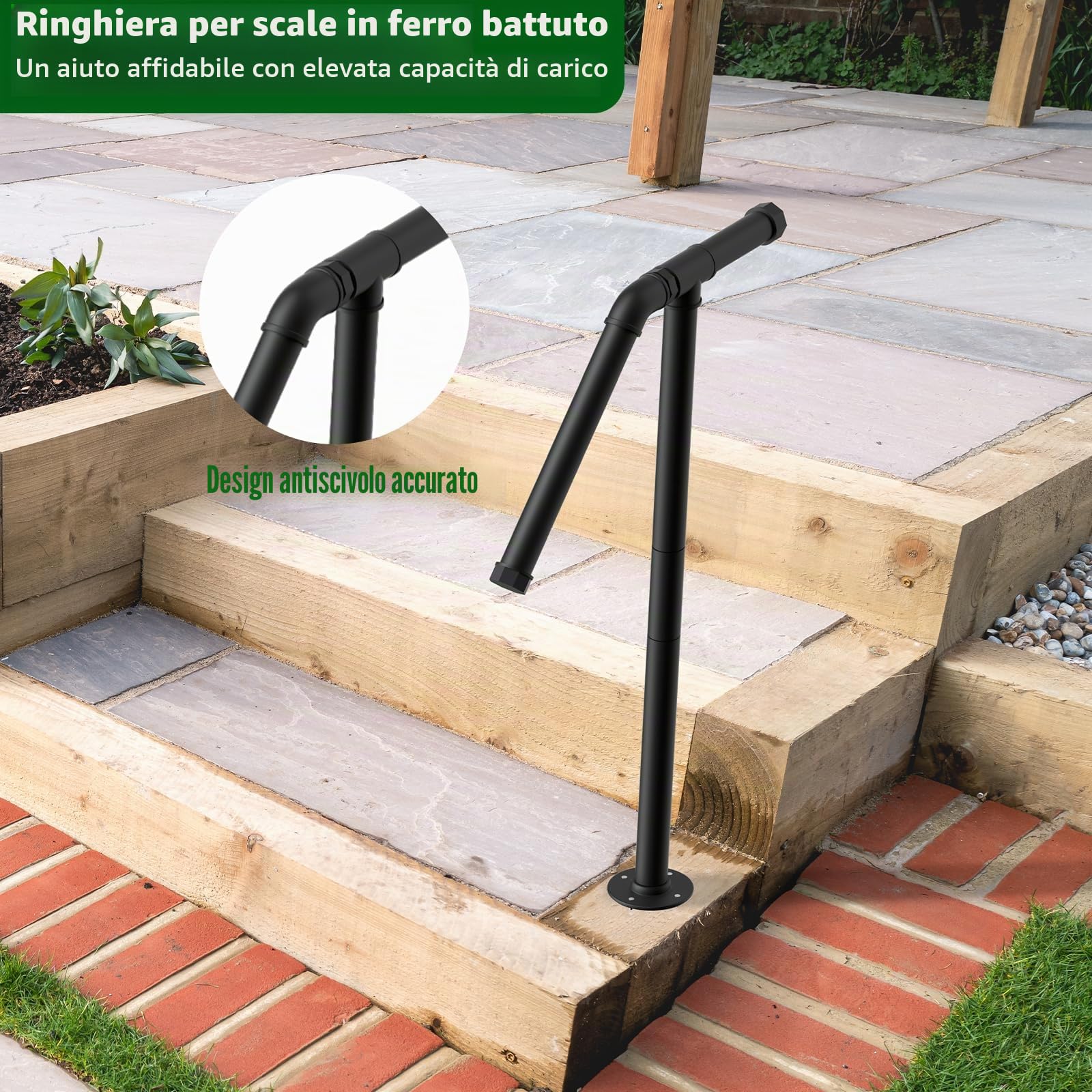 Ringhiera per scale per corrimano a palo singolo, gradino esterno, per 1-2 gradini, corrimano in ferro battuto per esterni, con base