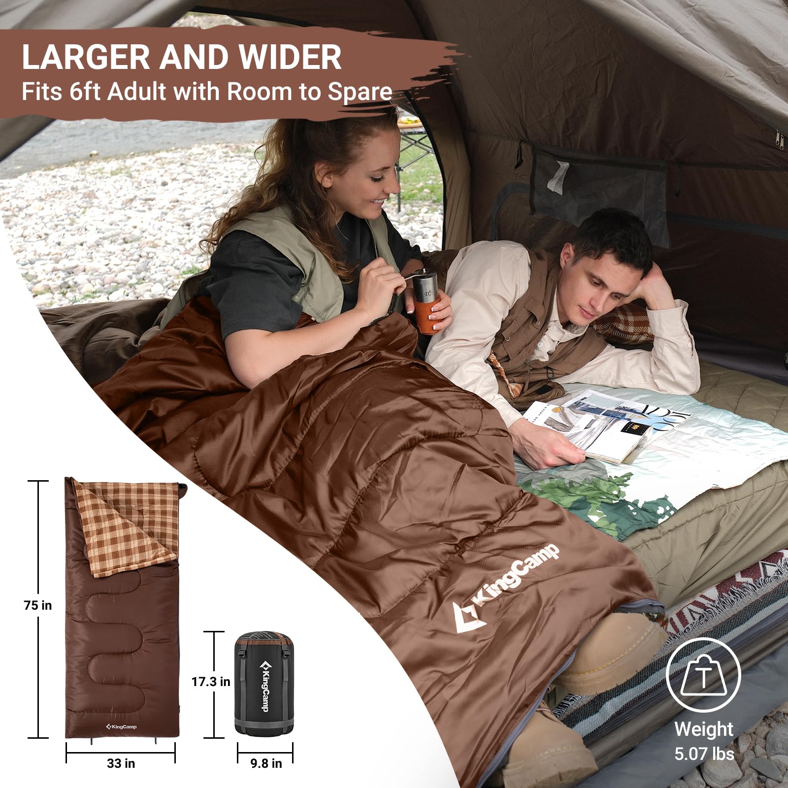 KingCamp - Saco de Dormir de Franela de algodón, Sacos de Dormir Grandes y Altos para Adultos, Clima frío, Cremallera Juntos para Saco de Dormir 2P para 3 Estaciones, Ligero, Resistente al Agua, para