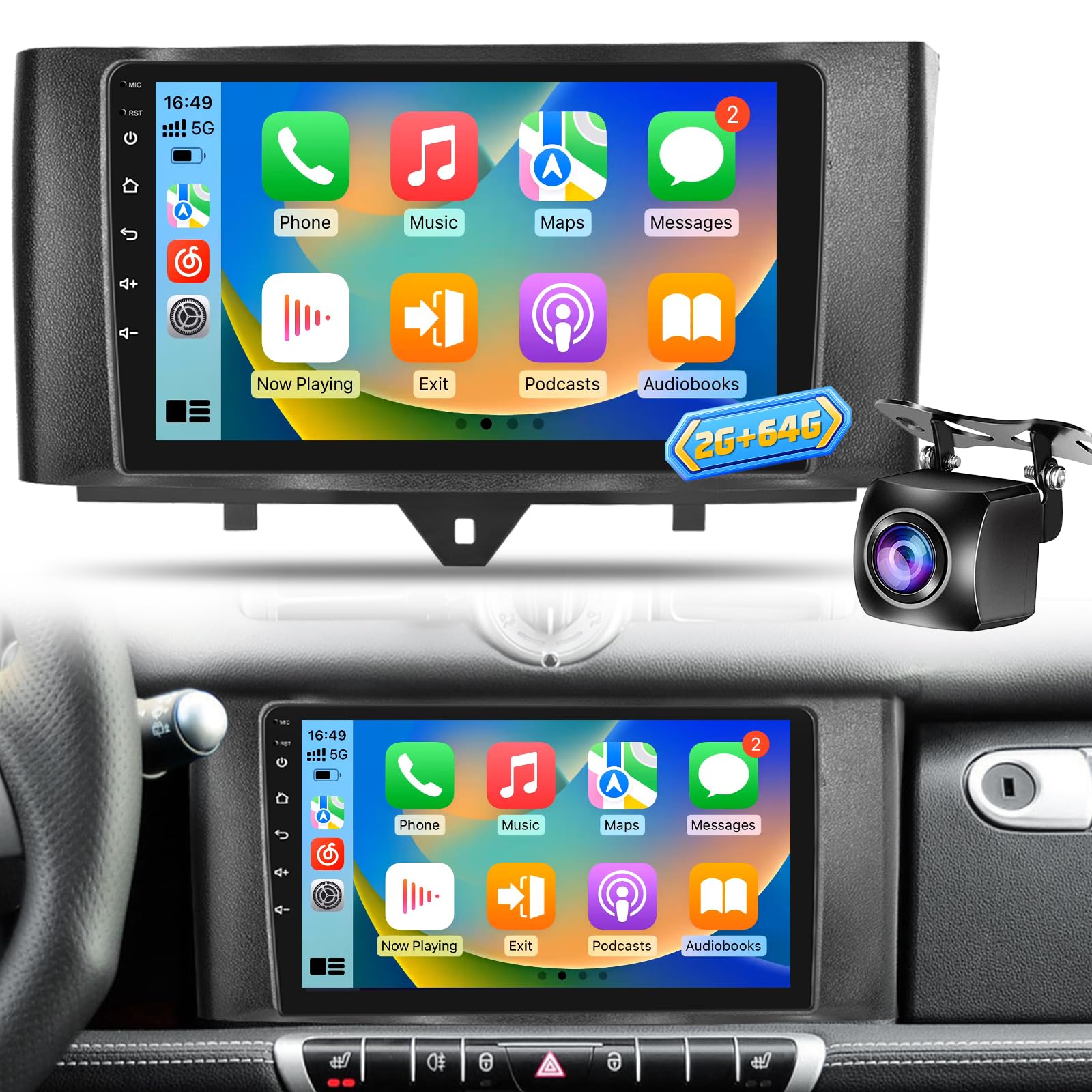 Autoradio Android per Mercedes Benz Smart Fortwo 2011-2015, 2+64G Stereo 9 Pollici con Wireless CarPlay & Android Auto, Navigatore GPS WiFi, Audio DSP, Supporto Telecamera Retromarcia AHD