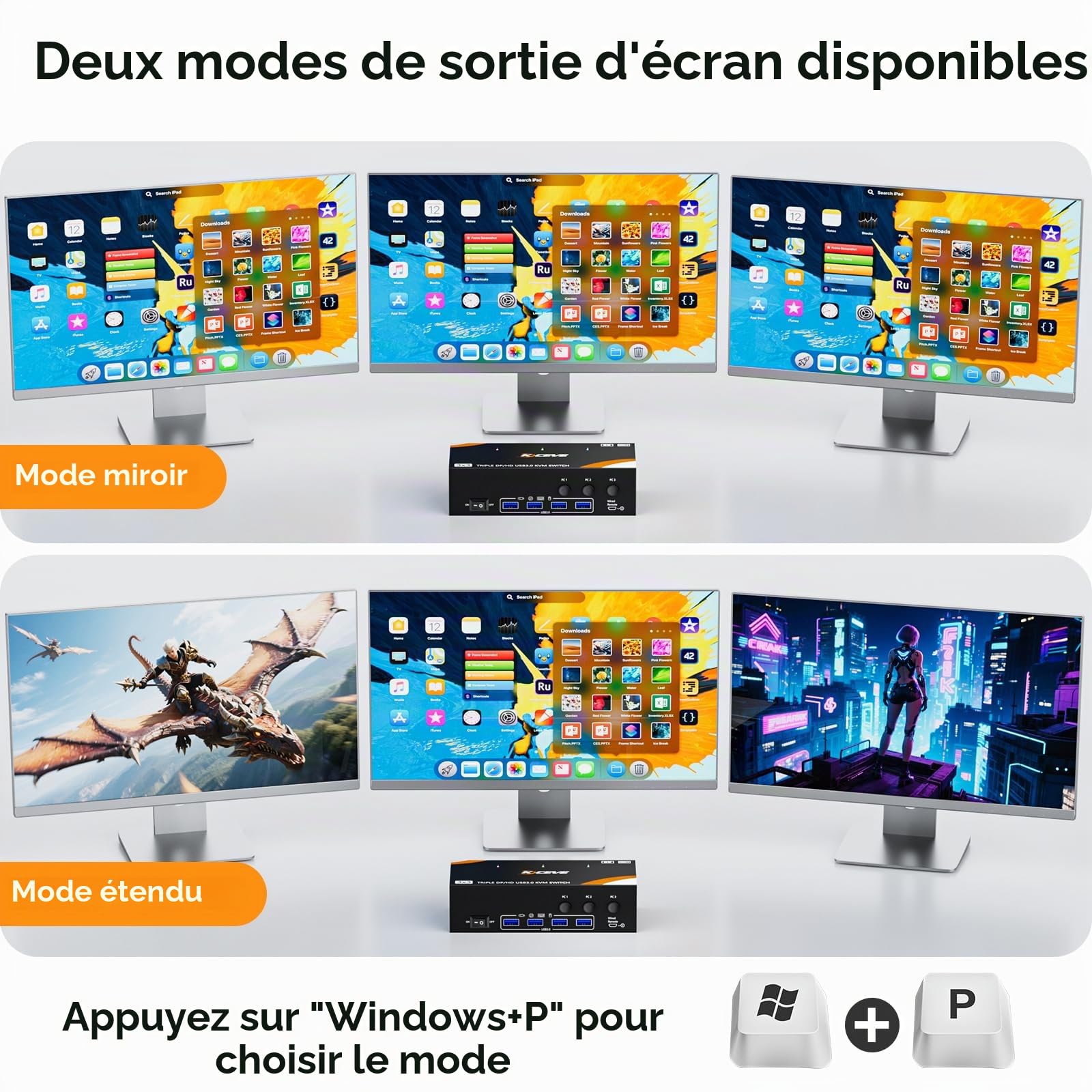 KVM Switch 3 PC 3 Moniteurs 8K@60Hz / 4K@144Hz, DisplayPort 1.4 HDMI 2.1 USB 3.0 KVM Switch Triple Monitor pour 3 PC Partage Souris, Clavier, Wired Remote(8K HD DP 3 in 3 out KVM)