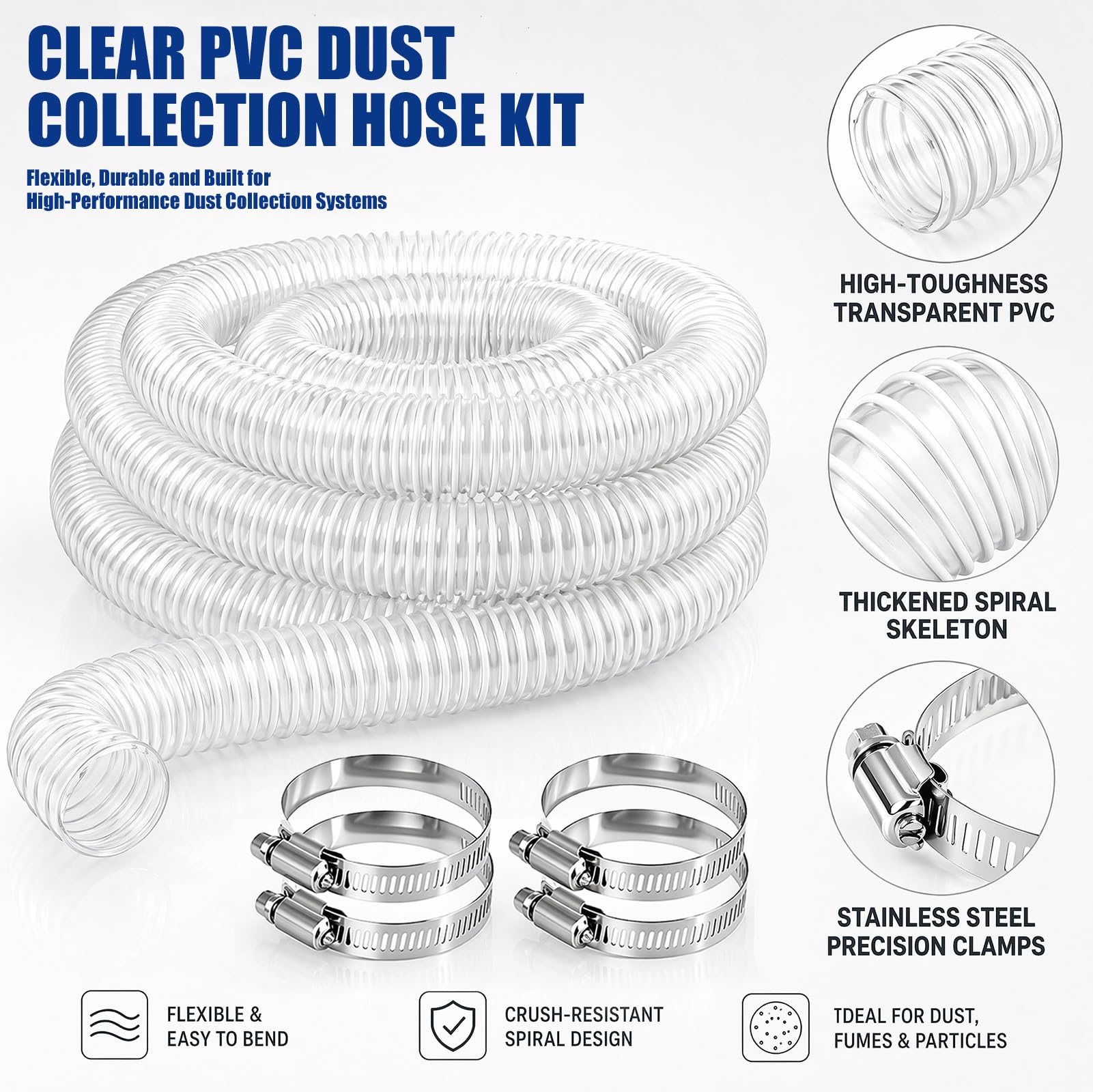 50mm Transparenter PVC Absaugschlauch, Absauganlage Spiralschlauch mit Stahlfeder, Flexibler Staubsaugerschlauch für Werkstatt, CNC, Holzstaubabsaugung, Industrielle Entstaubung (3m)