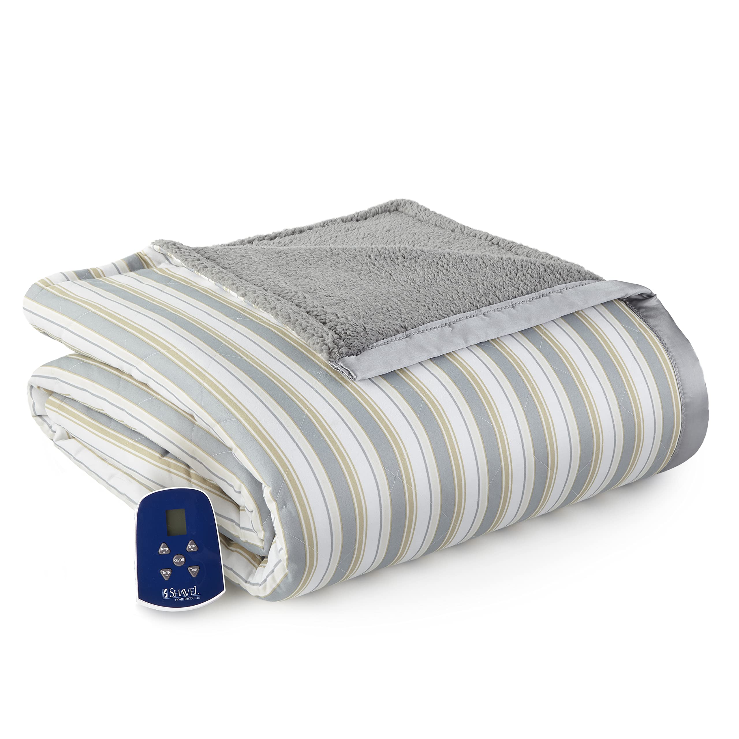 Photo 1 of (Missing Heater)  Thermee Micro Flannel Twin-Size Heated Electric Blanket with Sherpa, Machine Wash & Dry, Timer & Safety Shutoff, 84Lx62W, City Stripe Twin City Stripe