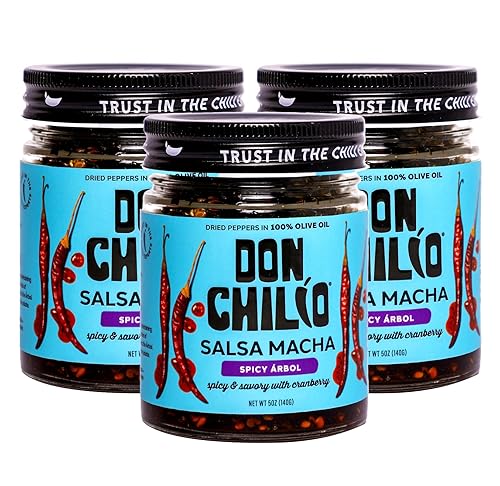 Don Chilio Aceite de chile picante Salsa Macha de arándanos, 5 onzas, paquete de 3  Pimientos secos Pasilla & Arbol  Delicioso aceite de chile