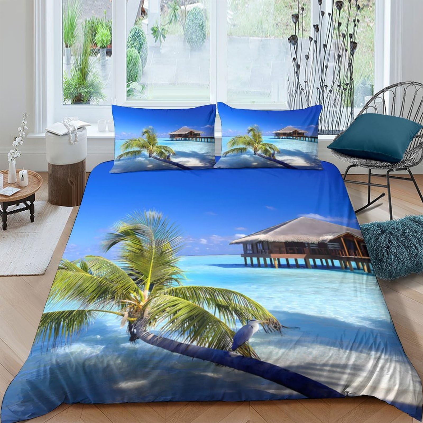 Ctjqhvkz Style-9 3D Printed Tropical Beach Fitted Sheet Microfiber Soft Blue Palm Island Bed Cover For Bedroom Guest Room Decor Single（135X200cm）