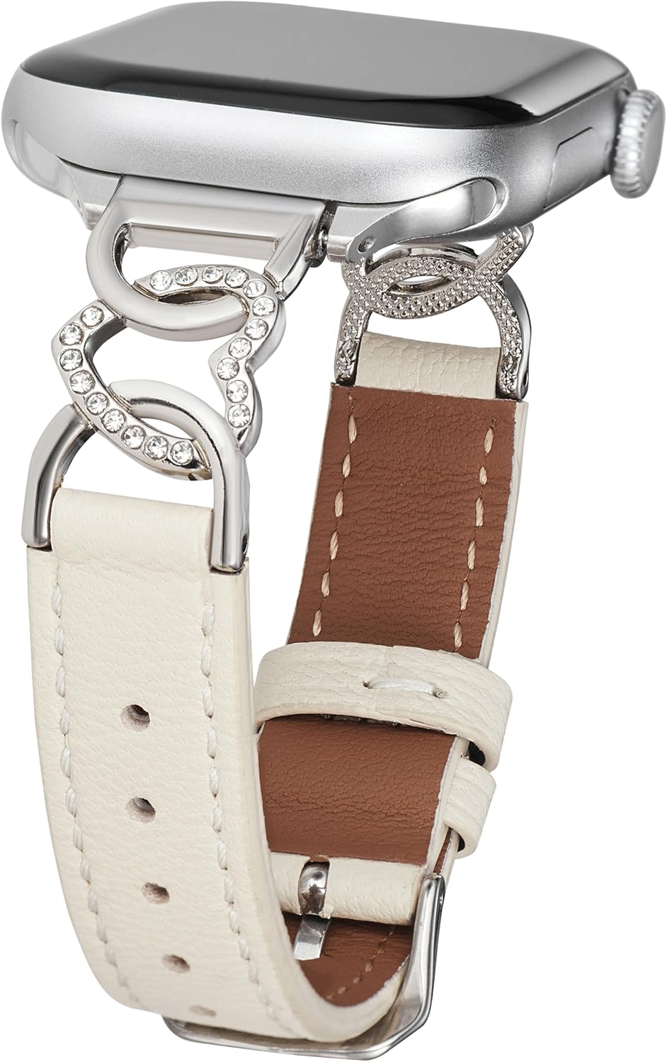 French Goatskin Women Slim Leather Watch Bands for Apple Watch Series 11 10 9 8 7 6 5 4 SE, Bling Heart Rhinestone Metal Chain Leather Band for iWatch 42mm 41mm 40mm 38mm 46mm 45mm 44mm 49mm