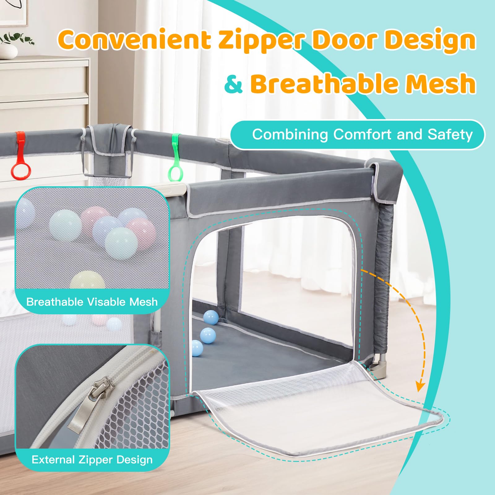 CHOLY Parc pliable pour bébé 180 x 150 cm avec tapis, parc pour bébés et tout-petits, aire de jeux portable avec balles océaniques et 4 poignées, clôture pour enfants à montage rapide avec sac de