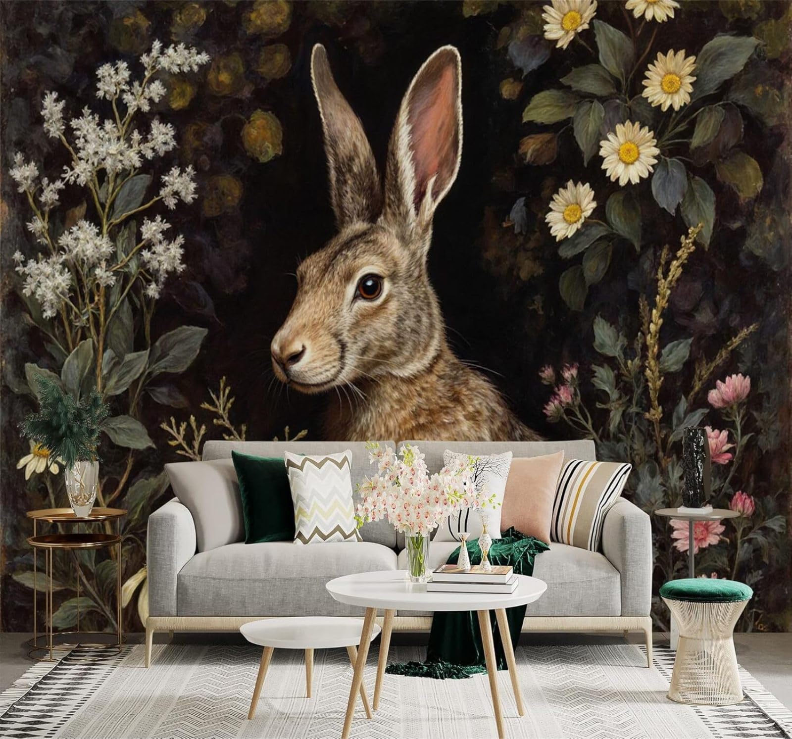 Xlming 400Cm×280Cm(B×H) Vintage Brown Rabbit Wildflowers Plants 3D Wallpaper Silky Texture Home Study Office Grey Dining Room Sofa Bedroom Living Room Tv Backdrop-400Cm×280Cm