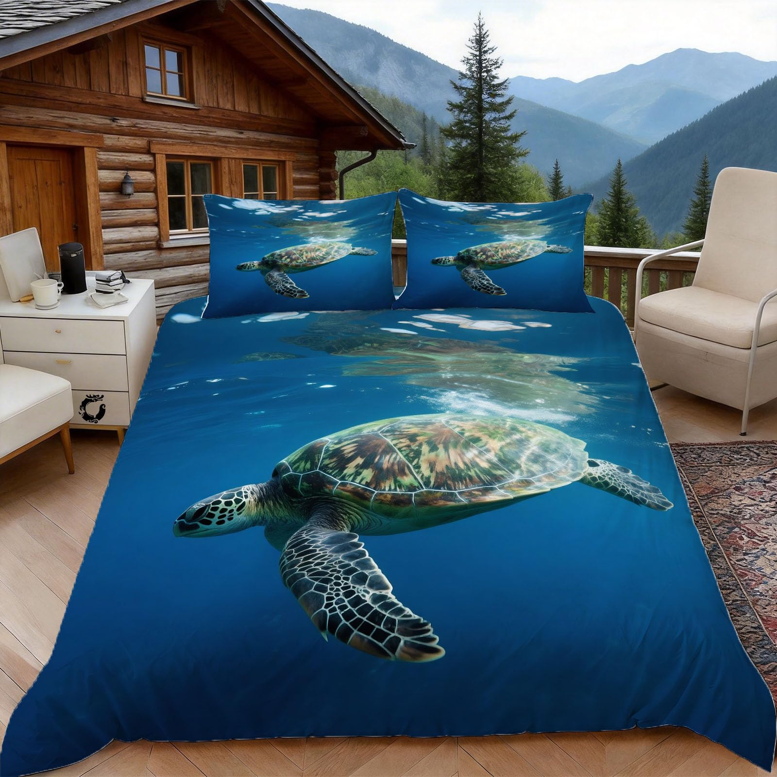 Housse de couette tortue de mer parure de lit 2 personnes microfibre 220x240 cm à zip