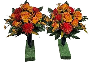 Poignant Cemetery Cone Pair with Vibrant Mums and Roses for Grave Decoration