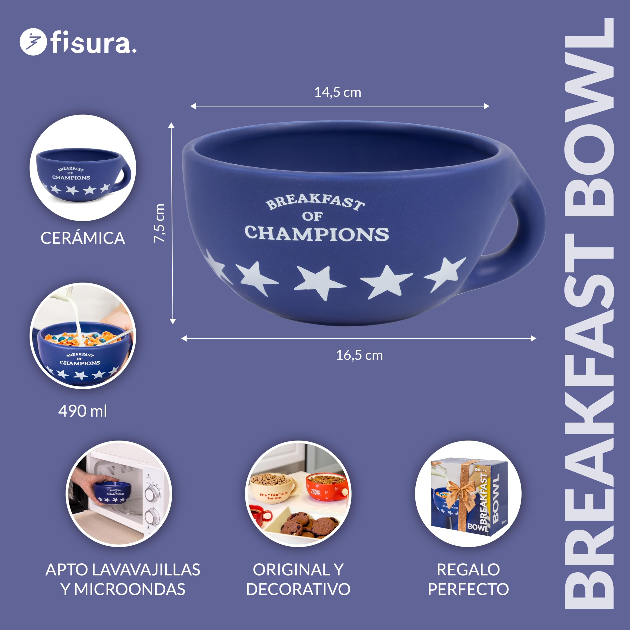 Fisura – Bol desayuno original “breakfast of champions”. Tazas desayuno azul de 490 ml. Taza de café grande. Bowl de cerámica para café. Cuenco para muesli. 16,5 cm x 7,5 cm