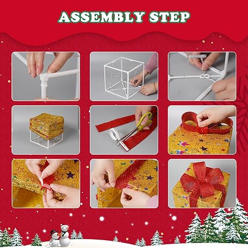 Miniatura 6 de Juego de 3 cajas de regalo iluminadas de Navidad con control remoto y temporizador, 8 modos de decoración navideña para interiores y exteriores con