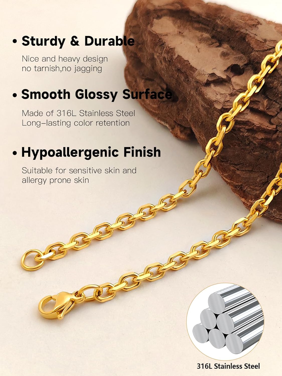 Cable Chain Stainless Steel Necklace for Men Women, 3/5/8/10/13MM Width, 18K Gold Plated/Black Metal/316L Stainless Steel Sturdy Rolo Link Chain Necklace, 18-30inch Length - Image 3