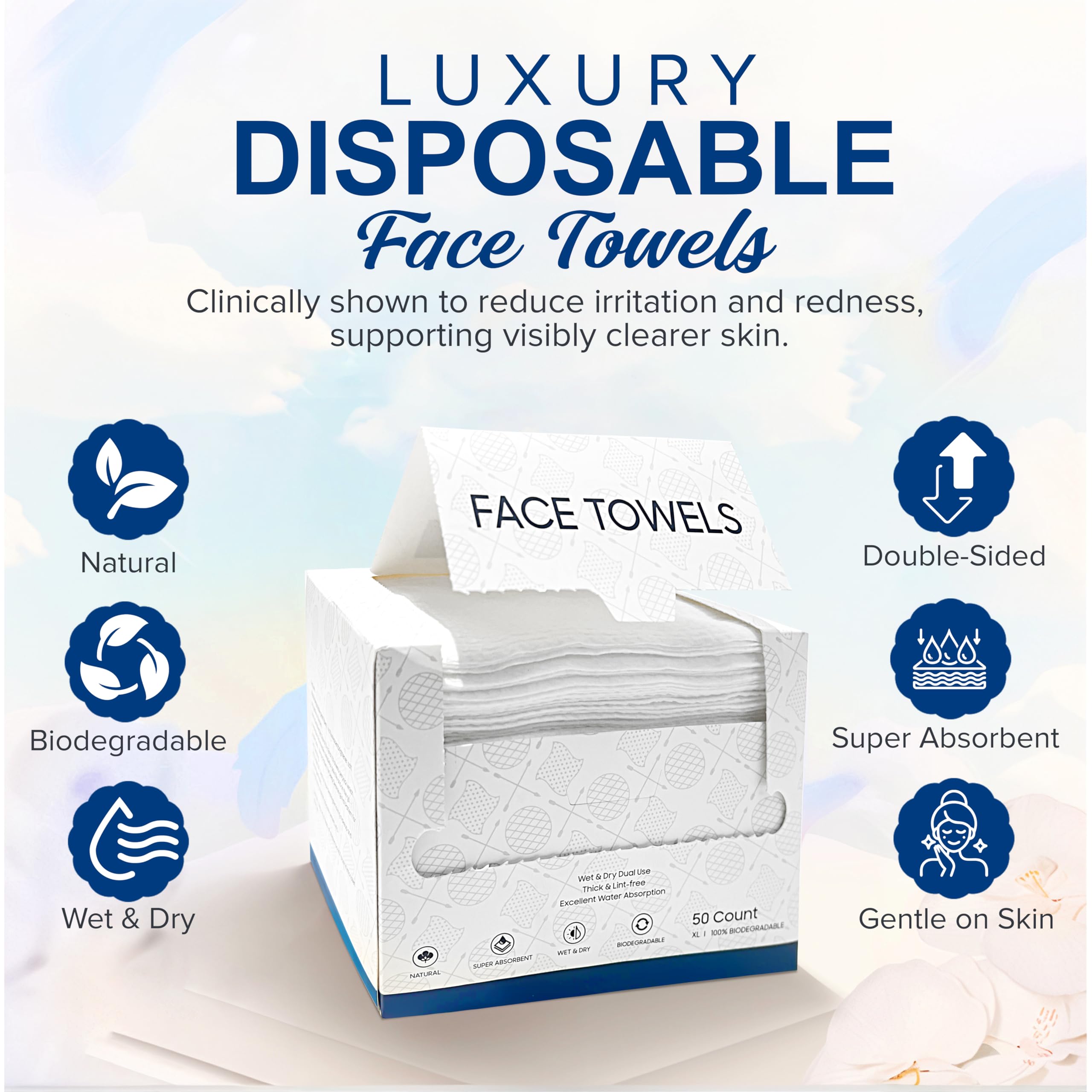 Disposable Facial Cleansing Dry Towels for all skin types (Sensitive Skin, Makeup Removal) for Daily Use (Cleansing, Nursing, Traveling). 50 counts in a box.