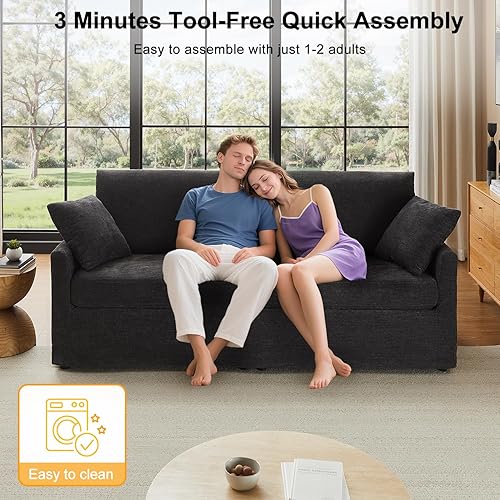 Miniatura 5 de Sofá de felpilla de 85 pulgadas para sala de estar, sofá de 3 plazas con 2 almohadas, sofás modernos sin herramientas, cómodo sofá biplaza de gran