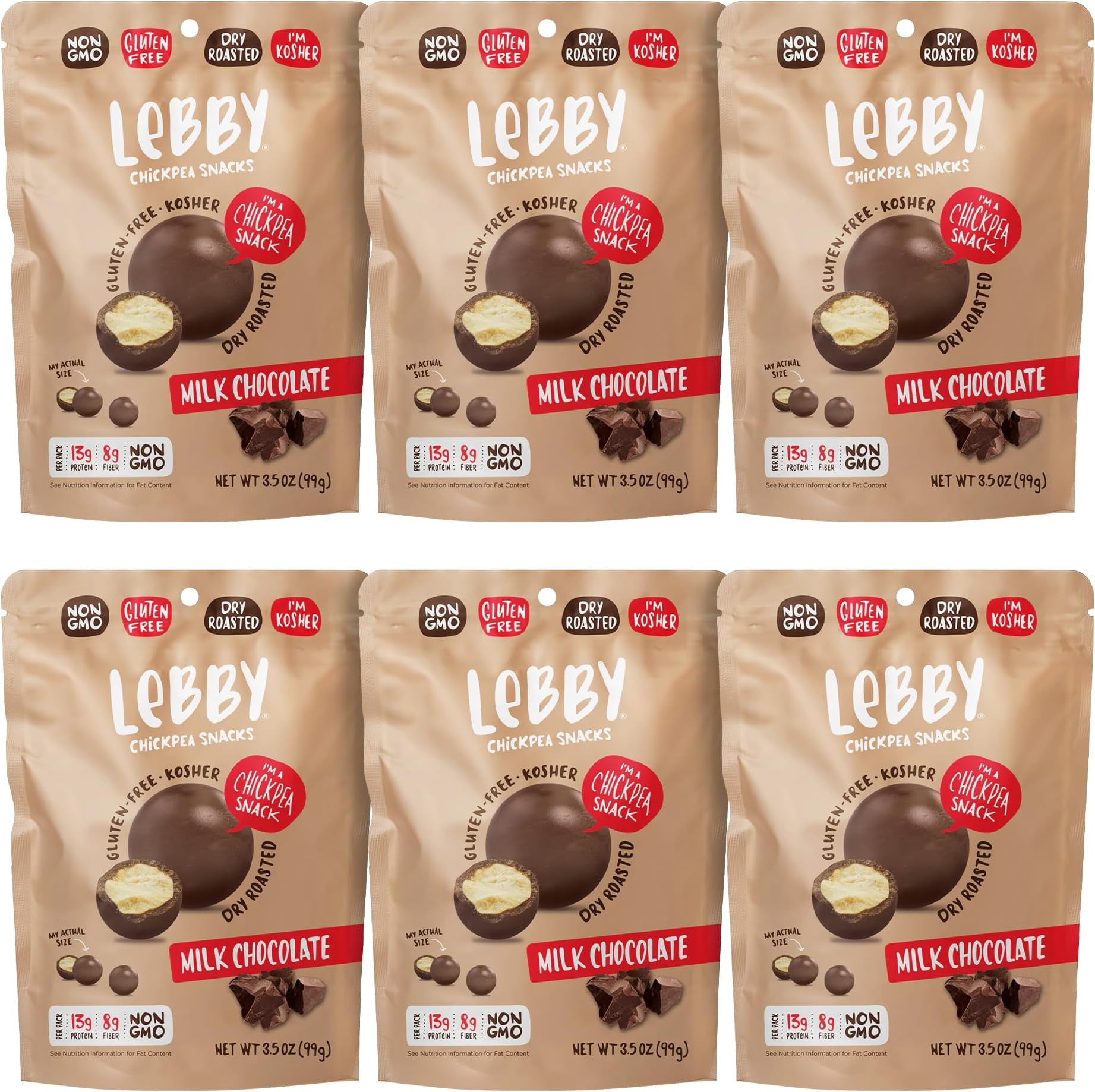 Lebby Milk Chocolate Covered Chickpea, Irresistibly Delicious Milk Chocolate Chickpea Snack, Gluten Free, Non-GMO & Dry Roasted, 3.5 Ounce (Pack of 6)