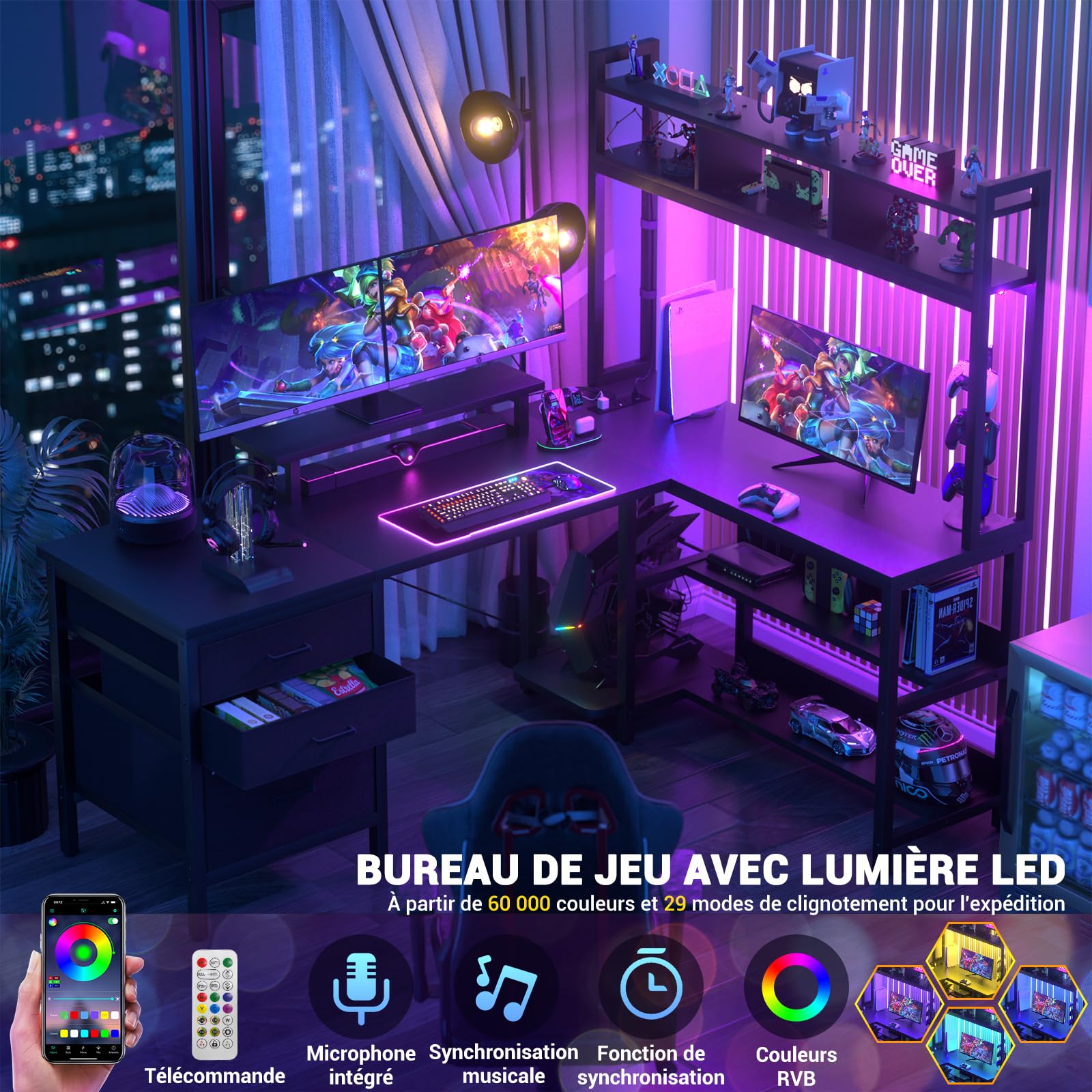 iSunirm Bureau en L avec clapier, Bureau Gaming avec éclairage LED, Bureau d'ordinateur réversible avec Prise de Courant, Bureau d'angle avec tiroir classeur et Support d'écran, Noir