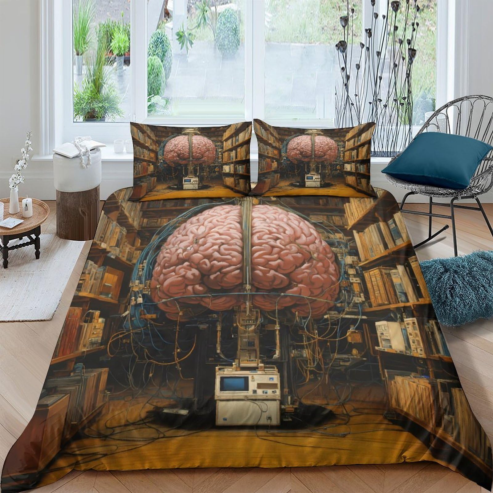 Ctjqhvkz Style-8 3D Printed Brain Library Fitted Sheet Microfiber Soft Anti-Slip Steampunk Machine Bed Cover For Bedroom Dorm Mattress Decor Single（135X200cm）