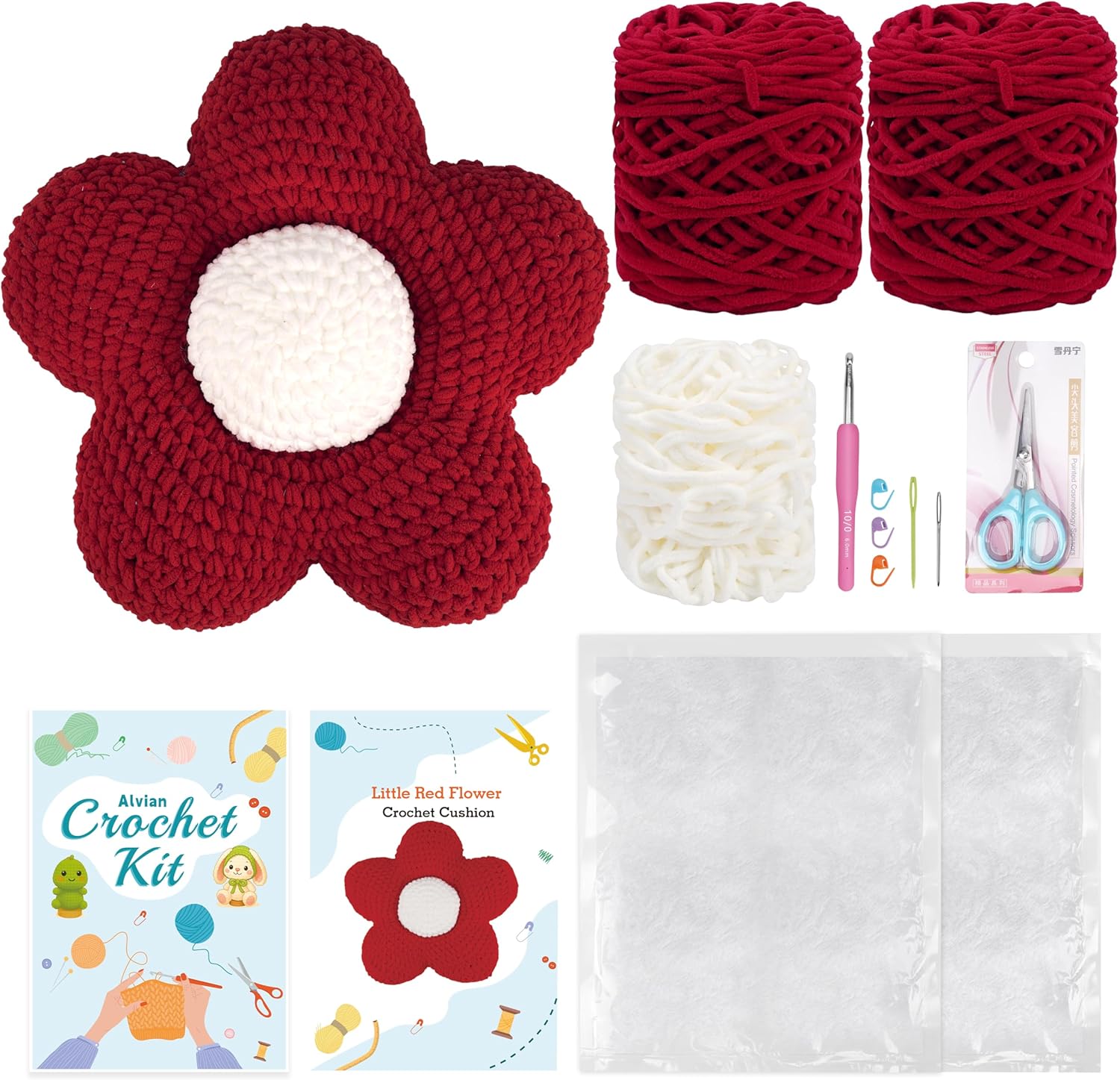 Alvian Crochet Kit for Adults Beginners – Red Floral Cushion Pillow DIY Set, Includes Plush Chenille Chunky Yarn, Crochet Hook, Pattern Manual & Video Tutorial, Cozy Home Sofa Decor