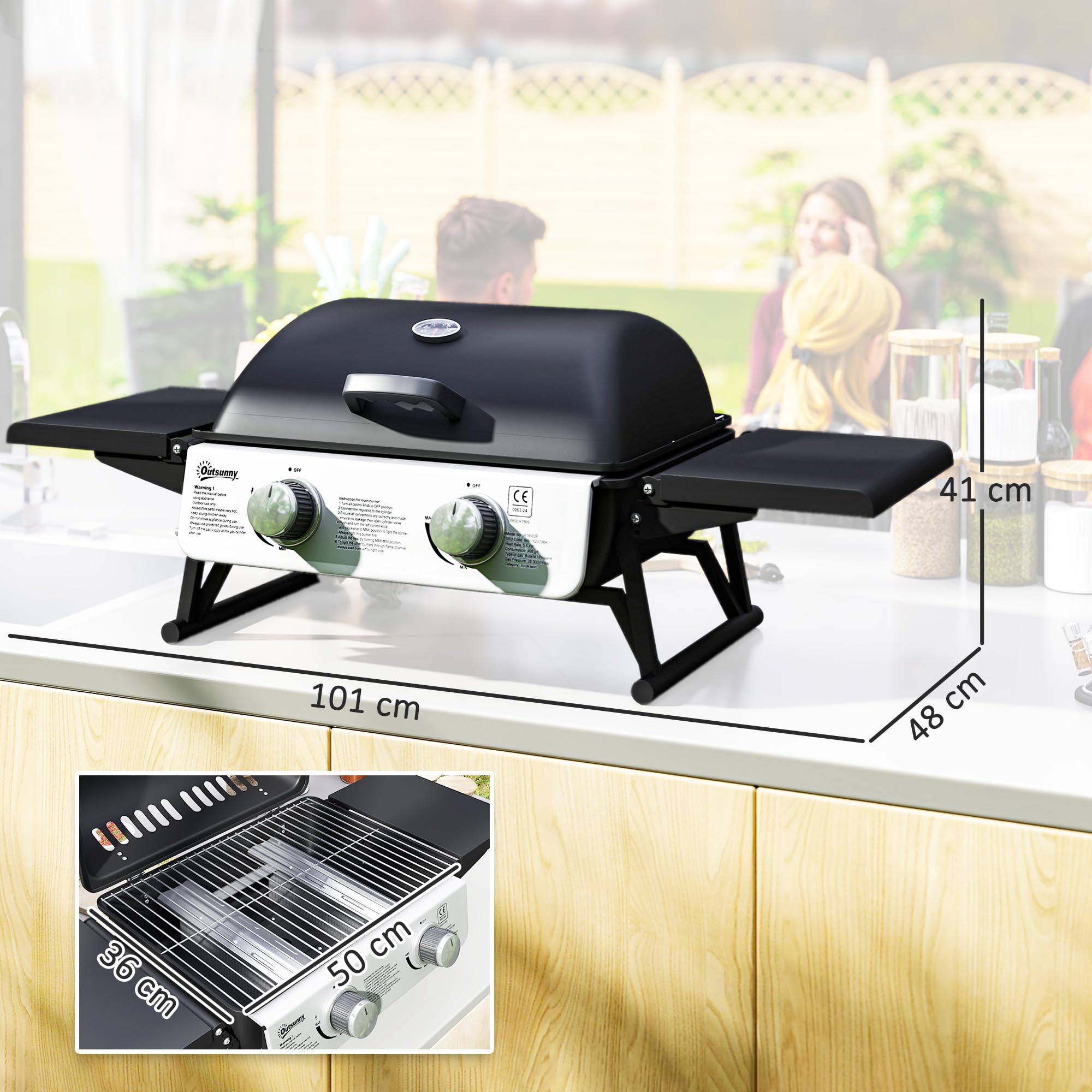 Outsunny Barbecue à gaz à 2 brûleurs avec tables latérales pliables, barbecue à gaz portable avec thermomètre intégré, couvercle, bac à graisse pour jardin, fête, camping, pique-nique, cuisine en