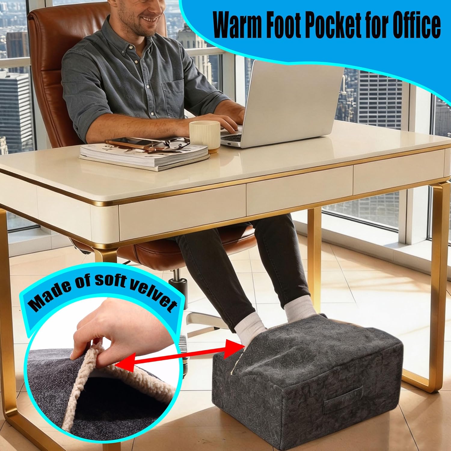 Foot Rest for Under Desk at Work, Office Footrest with Warm Feet Pocket,Ergonomic Under Desk Footrest with Washable Cover, Stool for Office Chair & Back &Pain Relief (Dark Gray+)