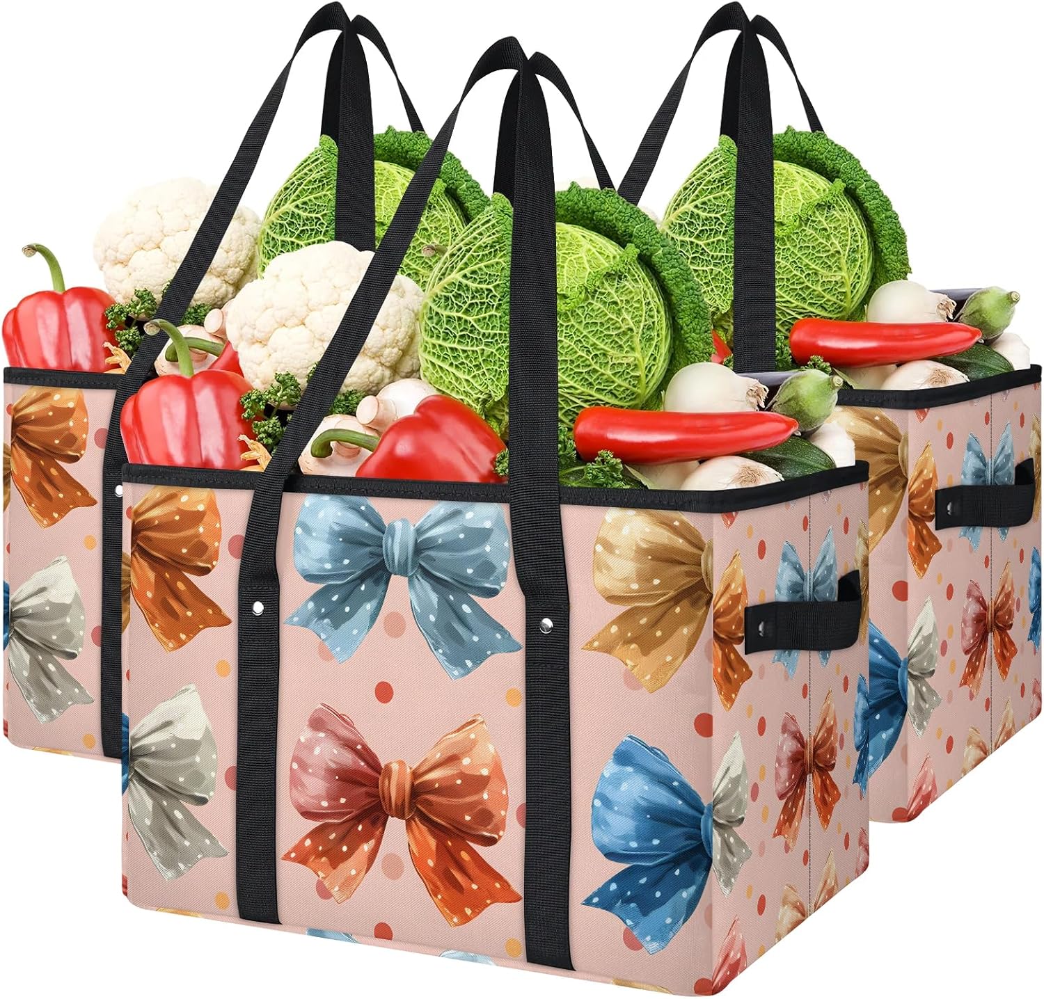 Pardick Reusable Grocery Bags Collapsible Large Storage Box Bag with Reinforced Bottom and Handle, Velvet Bow Foldable Shopping Bags Heavy Duty Tote Bags for Groceries Clothes Organizer, 3 Packs