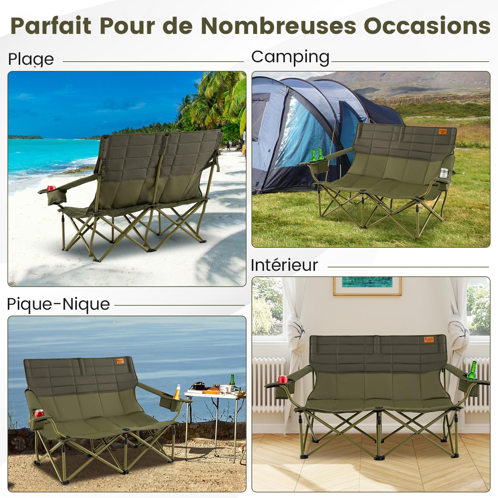GOPLUS Chaise de Camping Double, Fauteuil de Plage Rembourrée avec Porte-Gobelets, Accoudoirs Réglables, Banc de Camping 2 Places Pliable pour Pêche, Camping, Pique-Nique, Plage, Charge 300KG (Vert)