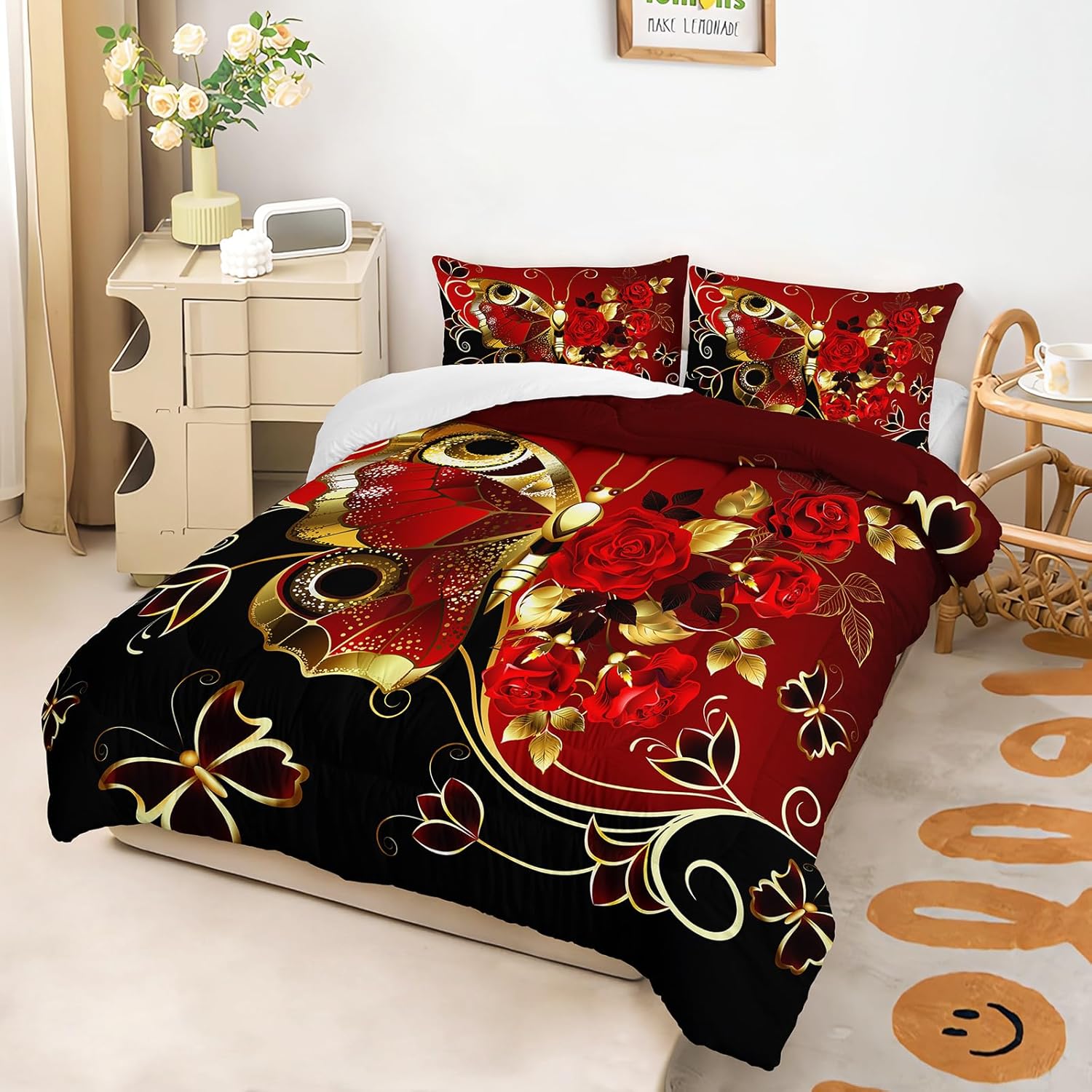 Butterfly and Red Floral Comforter Set Twin Size, Gothic Gold Butterflies Shape Roses Printed Bedding Set for Girls Women Couple Lover, Soft Lightweight Duvet Set with 2 Pillowcases.