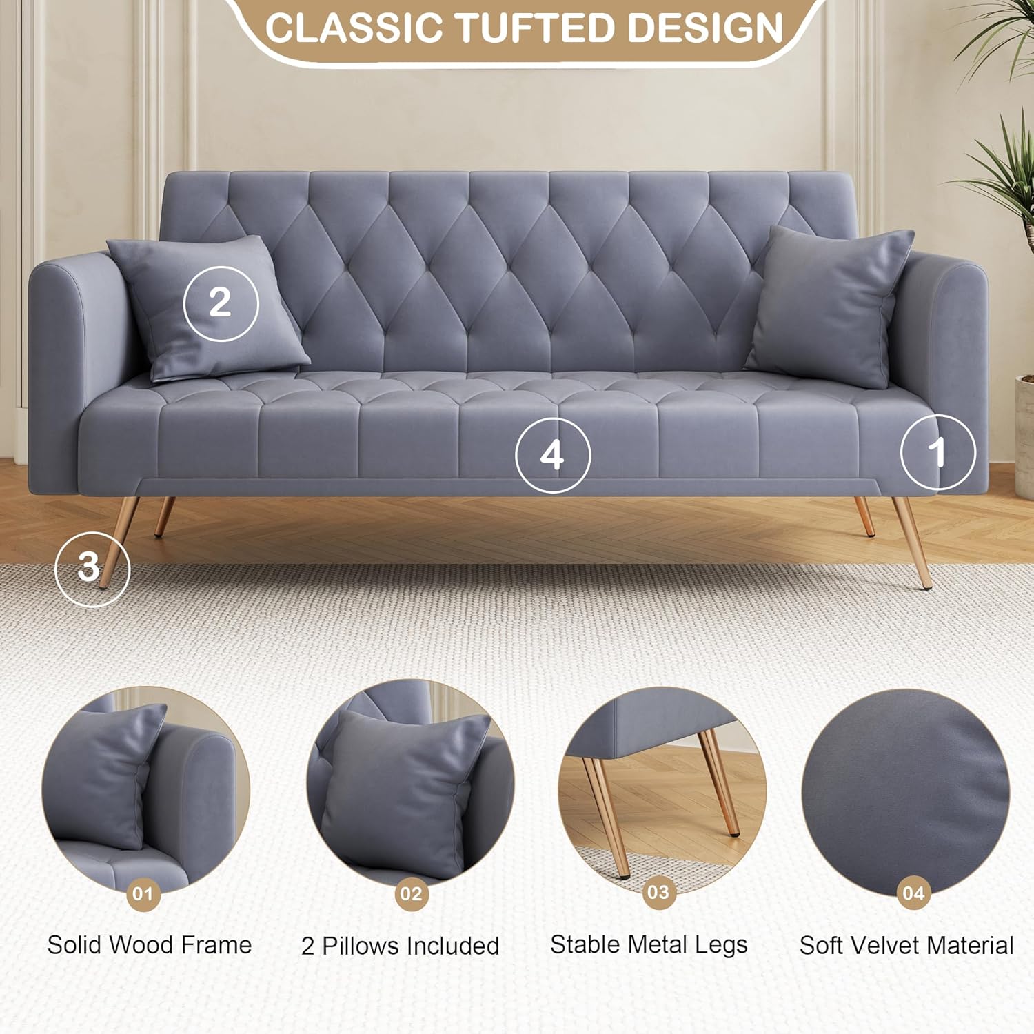 71" Futon Sofa Bed Velvet,Convertible Sleeper Sofa Couch,Modern Folding Futon,with 3 Adjustable Backrests and 2 Pillows,for Small Living Room Bedroom Office (Grey)