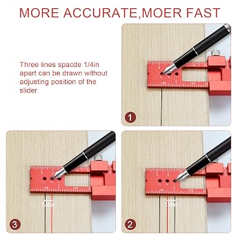 3pcs Pocket Ruler Aluminum Woodworking Ruler Marking Ruler, Precision Multi Function Sliding T-Square Woodworking Scribing Measure Tool with Metric/Inch Measurements 300mm (Red)