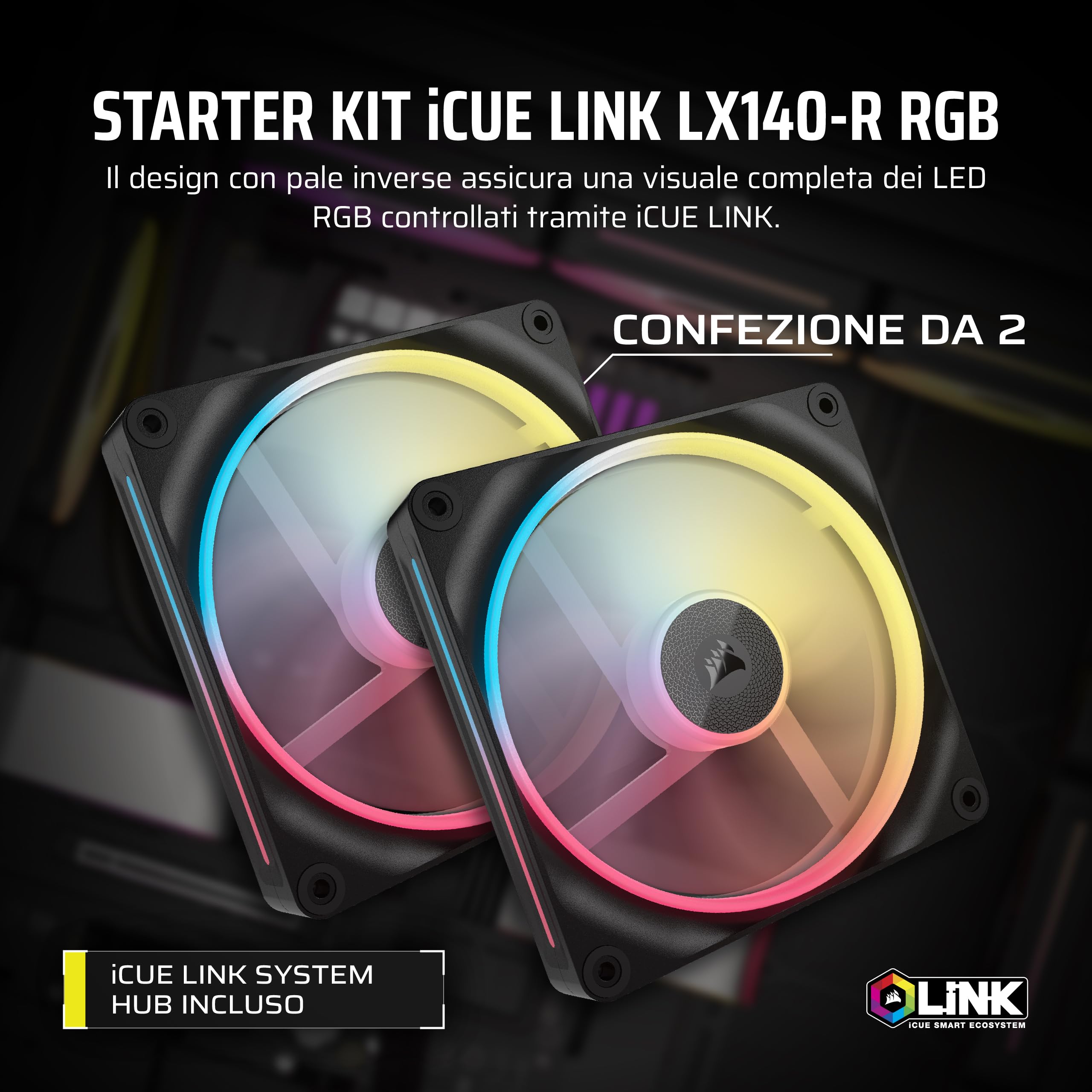 CORSAIR iCUE LINK LX140-R RGB 140mm Ventole PWM Invertite – Kit Doppia Ventola – Basso Rumore, CORSAIR Cuscinetto Magnetico a Cupola, Doppio Anello Luminoso, Viti QuikTurn™, Modalità Zero RPM – Nero