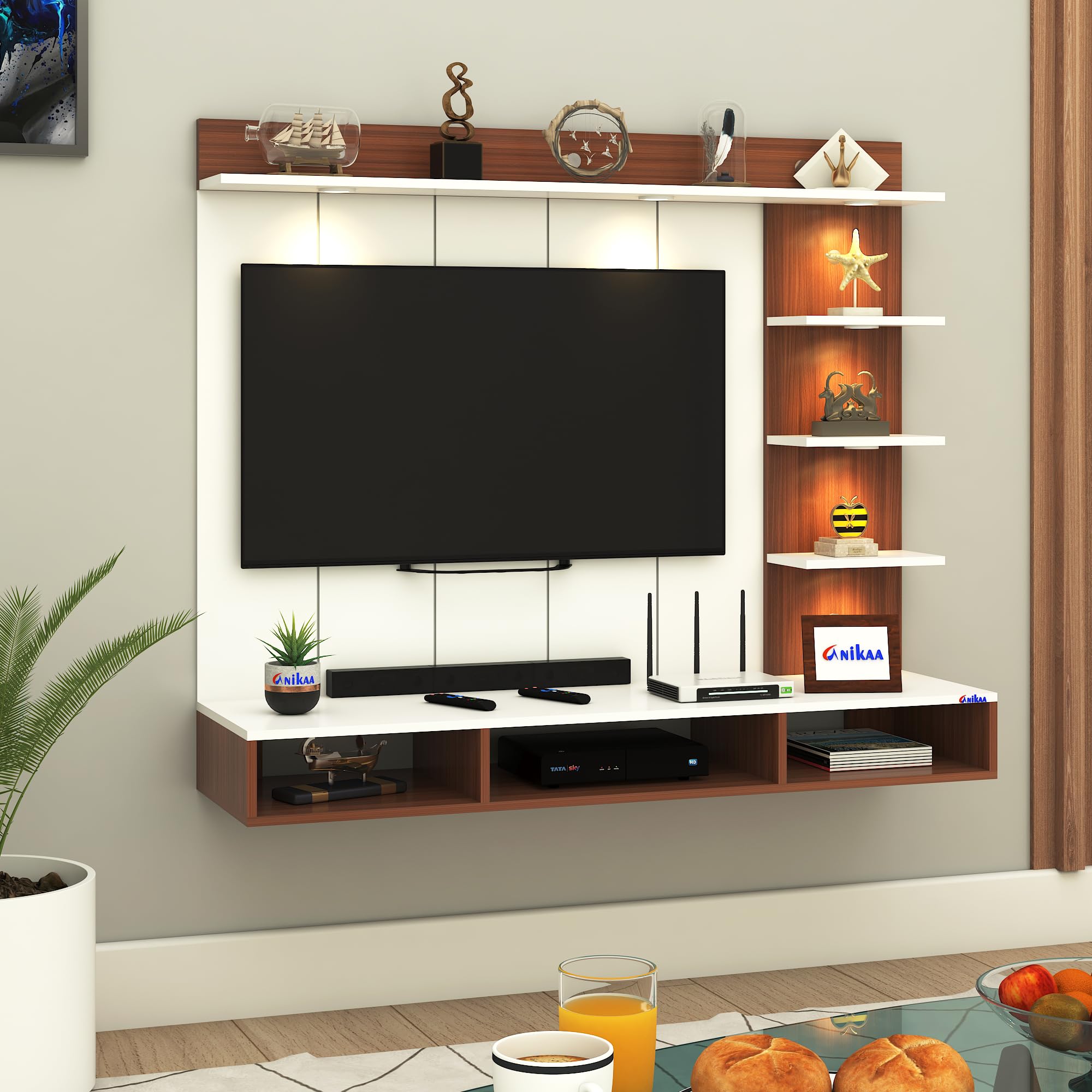 Anikaa Tyron Engineered Wood Wall-Mount TV Unit with PVC Back Panel & LED Lights | TV Cabinet with Storage Box & Decorative Shelves (Walnut/White) | Ideal for TVs up to 55 Inch | DIY Installation