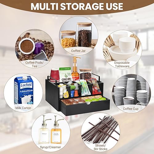 Miniatura 6 de Organizador de barra de café para encimera, organizador de estación de café de madera con cajón, organizador de tazas K, soporte para cápsulas de