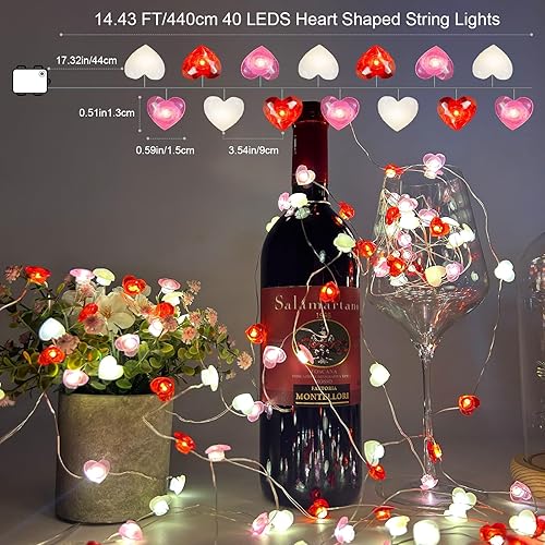 Miniatura 5 de Guirnalda de luces para decoración del día de San Valentín, paquete de 2 unidades en total de 26 pies, 80 luces LED de color blanco, rosa, rojo,