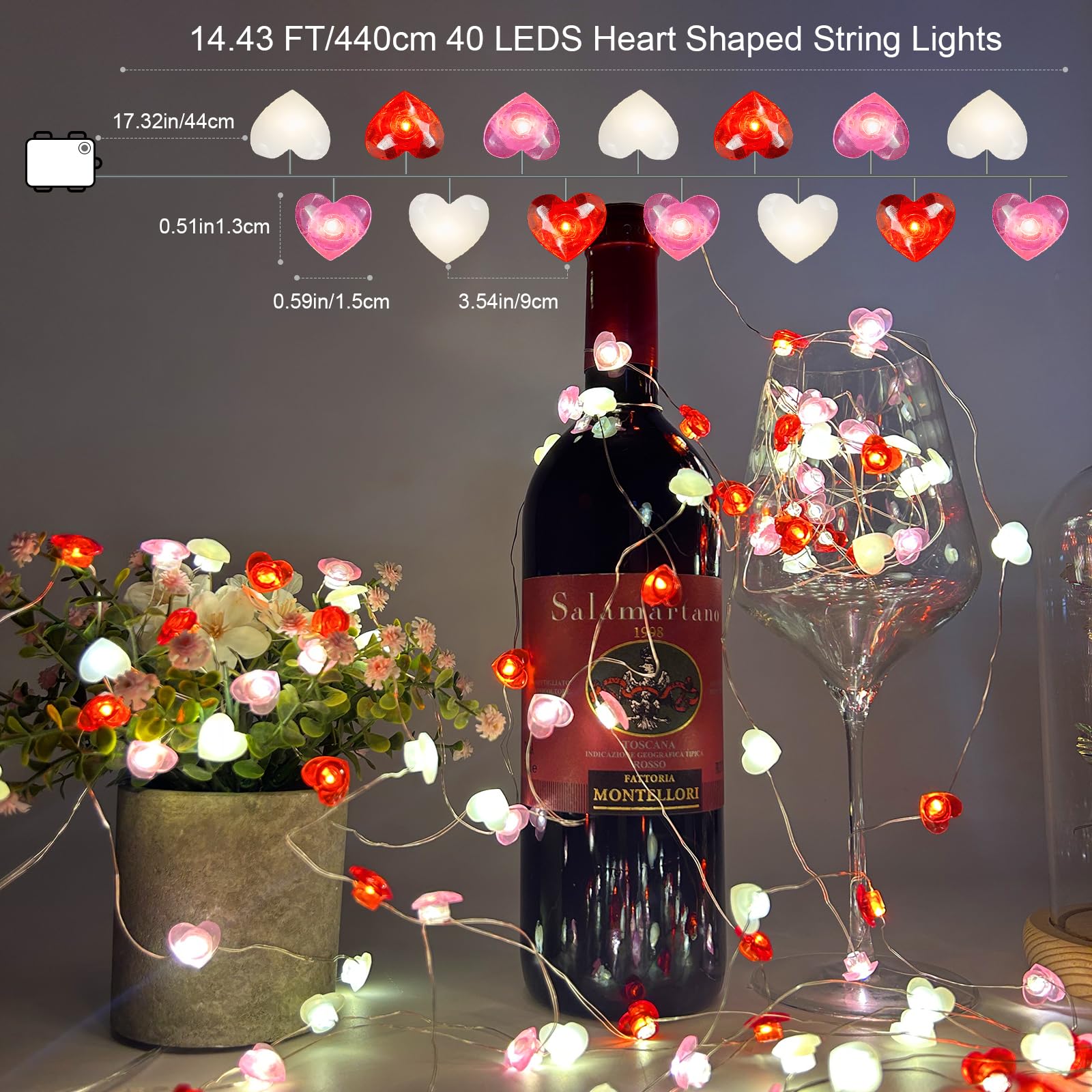 Dekoracyjne lampki walentynkowe, 2 sztuki, łącznie 60 m, 80 diod LED, czerwone, różowe, białe, serce, łańcuch świetlny na baterie, timer, 8 trybów do sypialni, na rocznicę, ślub, matki, romantyczne