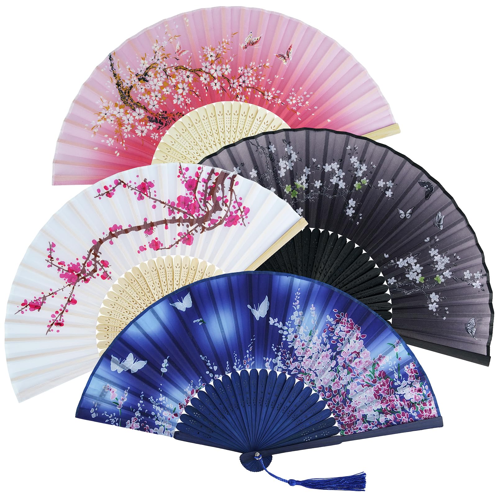 Leikedun 4 Pack Silk Fabric Hand Fans, Chinese Fan, Hollow Carved Bamboo Folding Hand Fan Handheld Fan for Wedding, Gifts, Performance, Dancing, Home Decoration — image 1