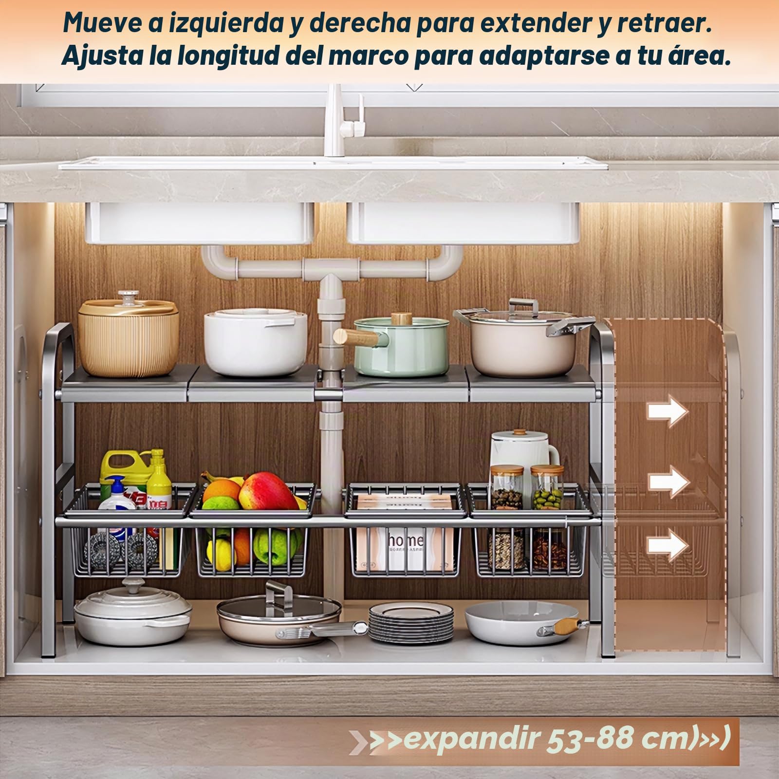 ViWaVee Organizador Cocina Bajo Fregadero Extensible 53-93cm para Armario | Altura Ajustable 5cm + 4 Cestas y Placas | Multiusos Baño Balcón | Almacenaje Productos Limpieza Ollas