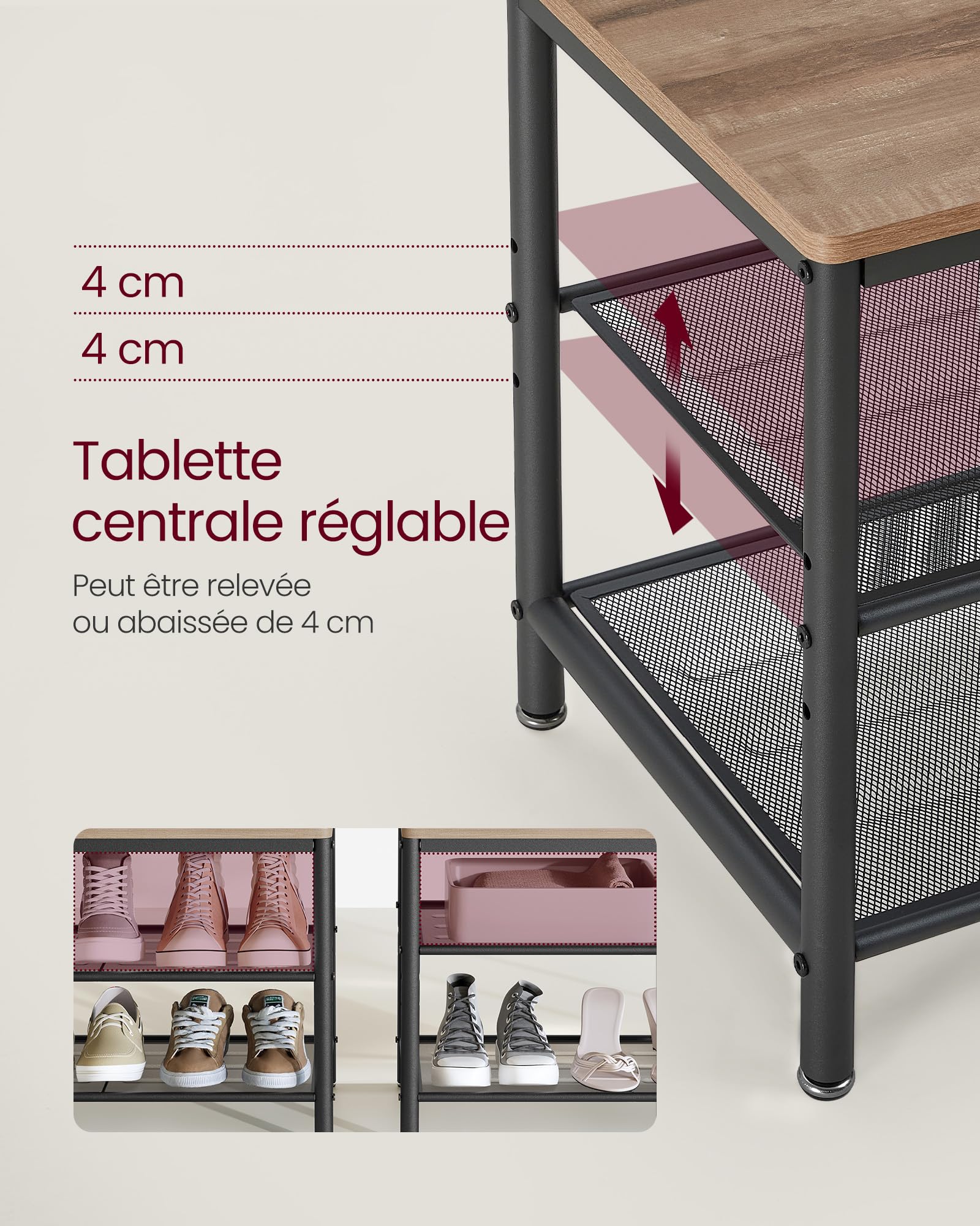 VASAGLE Porte-vêtements Porte-vêtements avec Crochets Miroir Banc 35 x 98 x 180 cm pour Entrée Chambre Salon Style Industriel Camel Marron Encre Noir HSR415K01