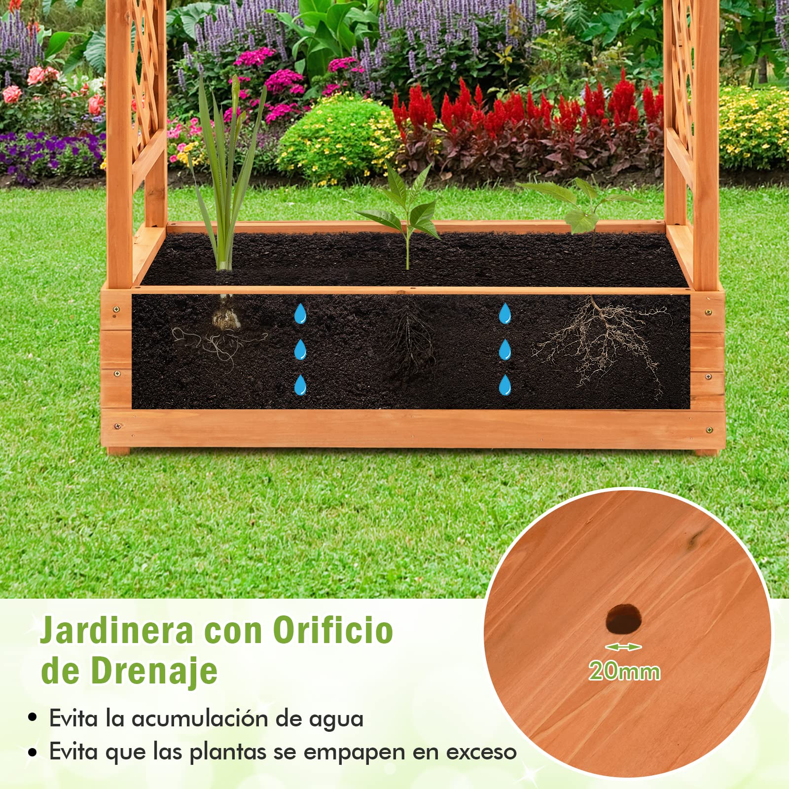 COSTWAY Jardinera Elevado con Enrejado Arqueado, Techo Colgante, Macetero, Orificios de Drenaje, Contenedor Vertical de Plantas para Plantas, Macetero de Madera Interior Exterior para Jardín Patio