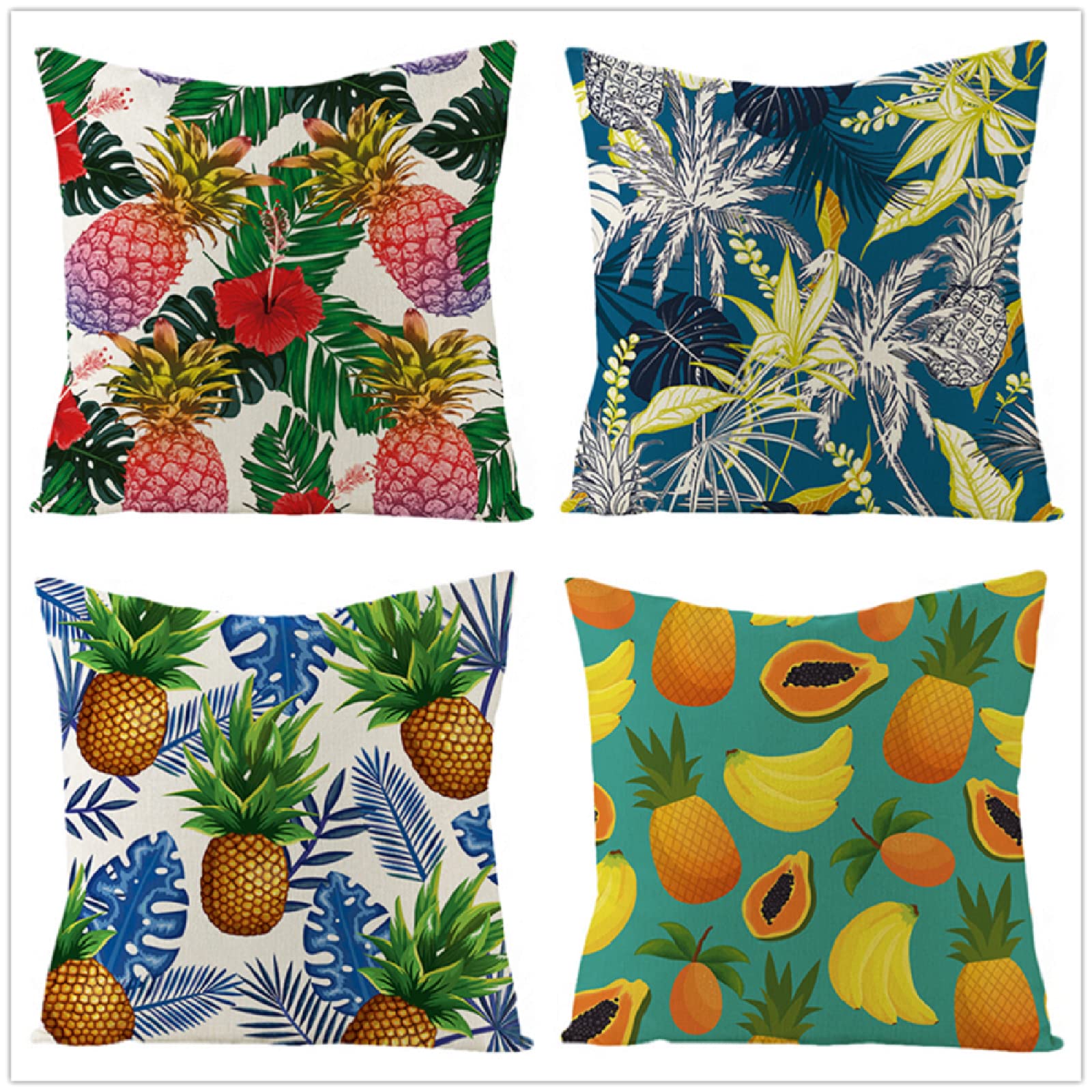 Funda de CojÍN,4 Piezas Fundas Cojines Decorativa de Funda Almohada Lino de Algodón Moderna,Fundas de Cojines para Sofá,Cama Hogar,Coche,Interior,Exterior Fundas Decorativas Piña,40x40cm