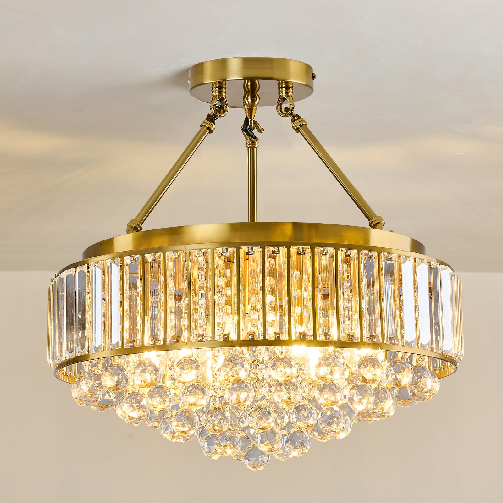 EOPSPYI 6-Lights Modern Crystal Chandelier Gold Metal Semi Flush Mount Ceiling Light Fitting Round Ceiling Light for Dining Room Living Room Bedroom Bathroom Kitchen
