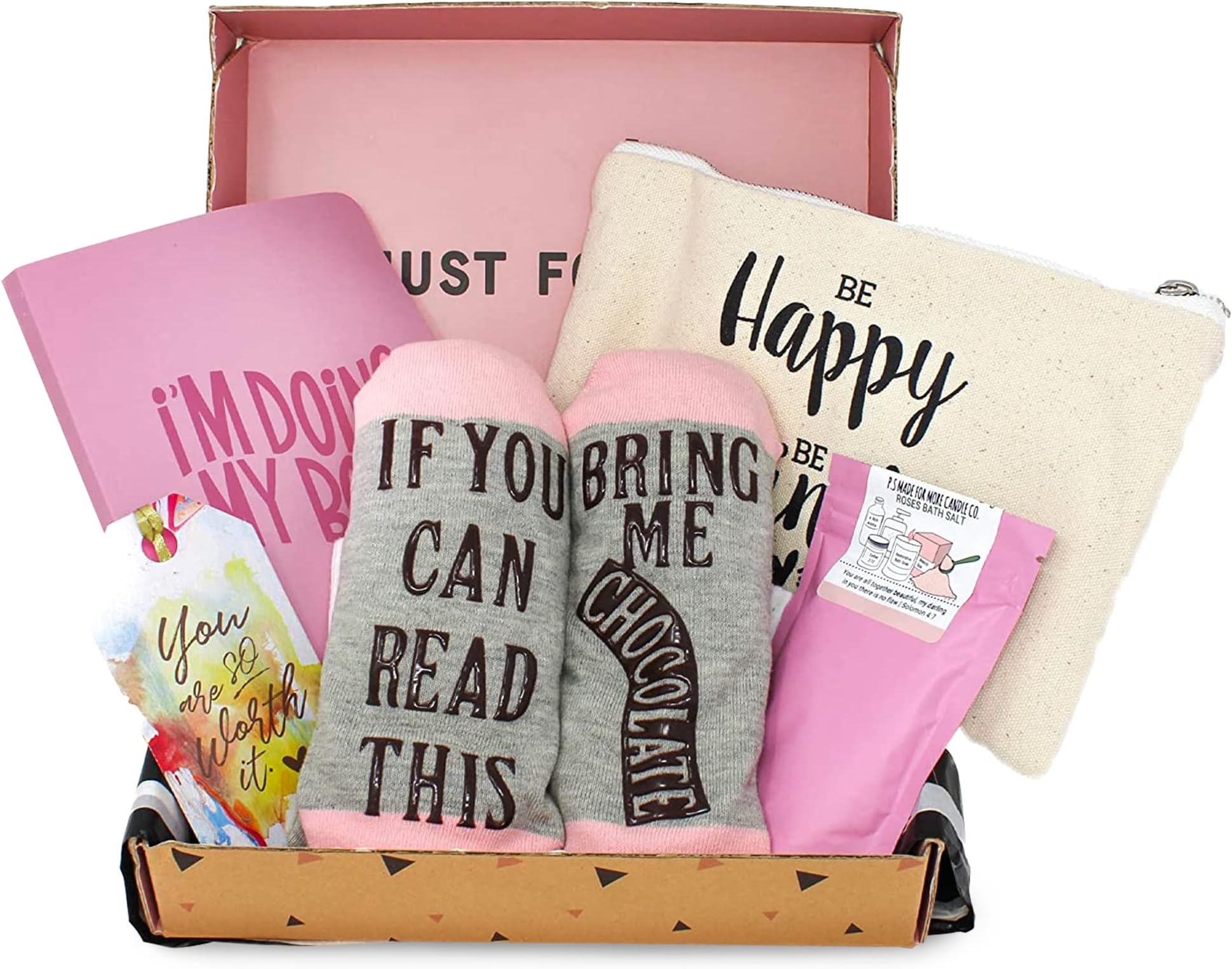 Special Birthday Womens Gift Mother's Day Box Set for Her- Fancy Notebook, Travel Cosmetic Bag, Funny socks, and a Relaxing Bath Salt, Mother's Day Gift Set For Friend