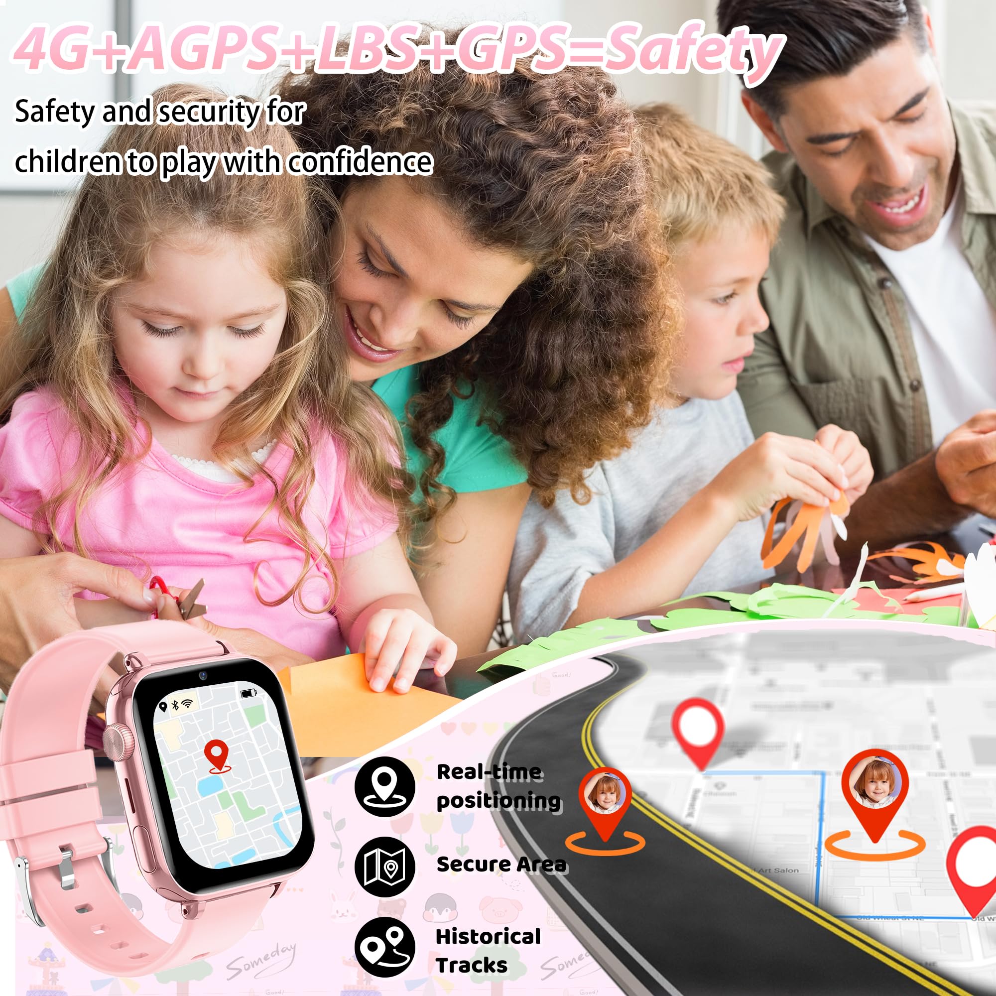 Smartwatch Bambini 4G GPS Videochiamate SOS Voce Chat Fotocamera Regali | posizione in tempo reale, chat familiare, modalità scuola, telefono, giochi, ip68, sveglia, compleanno ragazza ragazzo