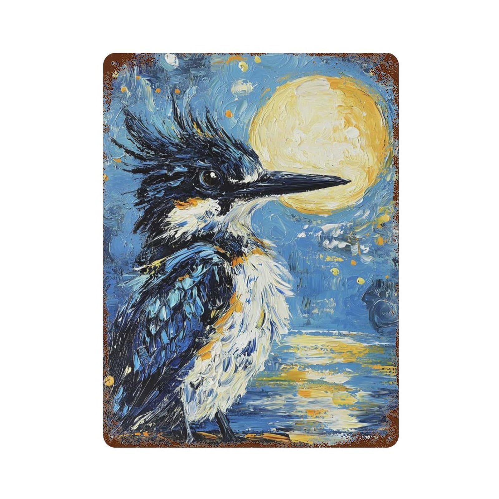 Decorative Tin Sign Kingfisher Under Moonlight 15.7"x11.8", Novelty Wall Decor for Shed, Workshop And Garage Wall Decor