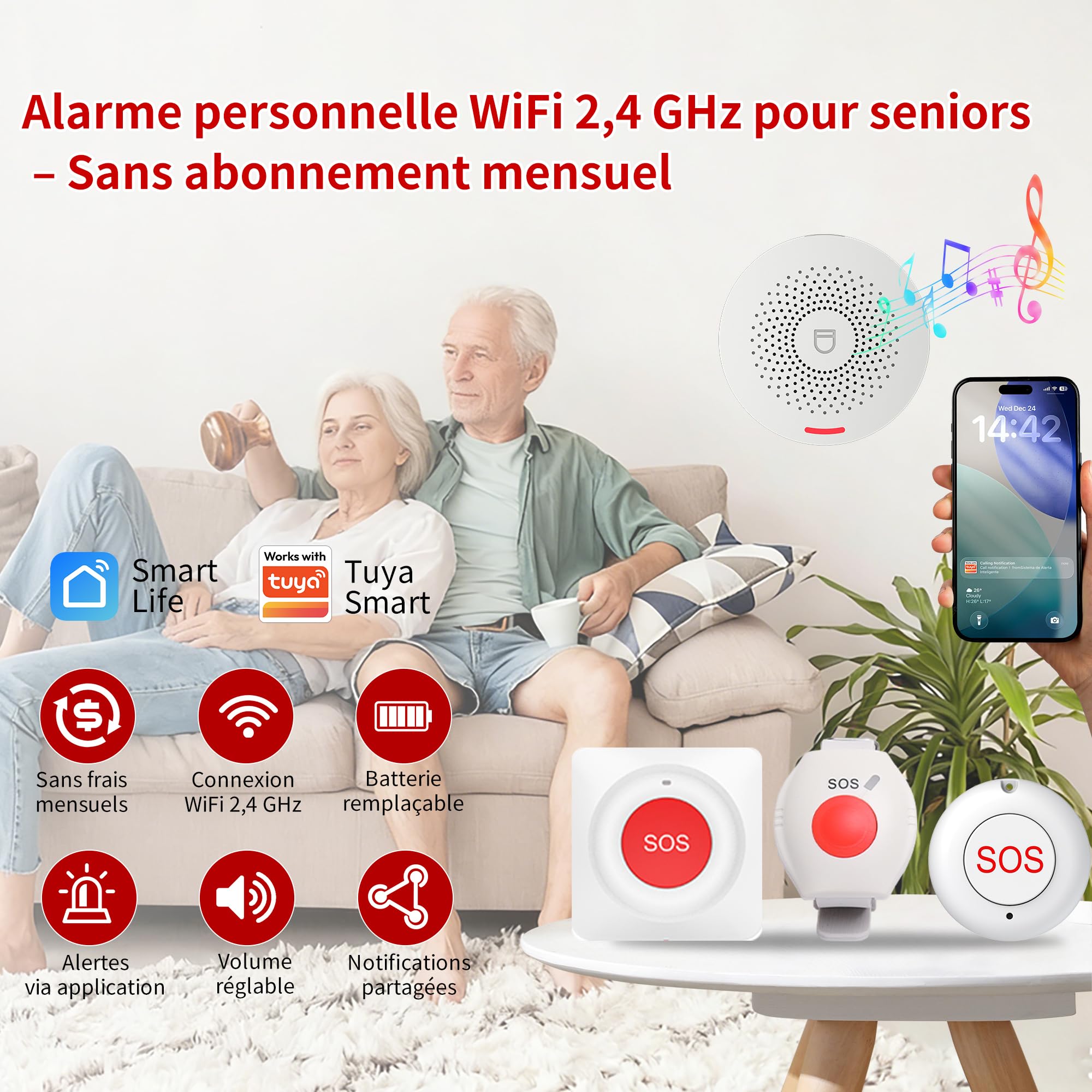 XUK Bracelet Alarme Personne Agee WiFi, Système d'Alerte Intelligent Compatible Tuya, Smart Life et Alexa – Bouton d’Urgence Étanche sans Fil 200 m avec Récepteur, Volume Réglable (Pack de 4 produits)