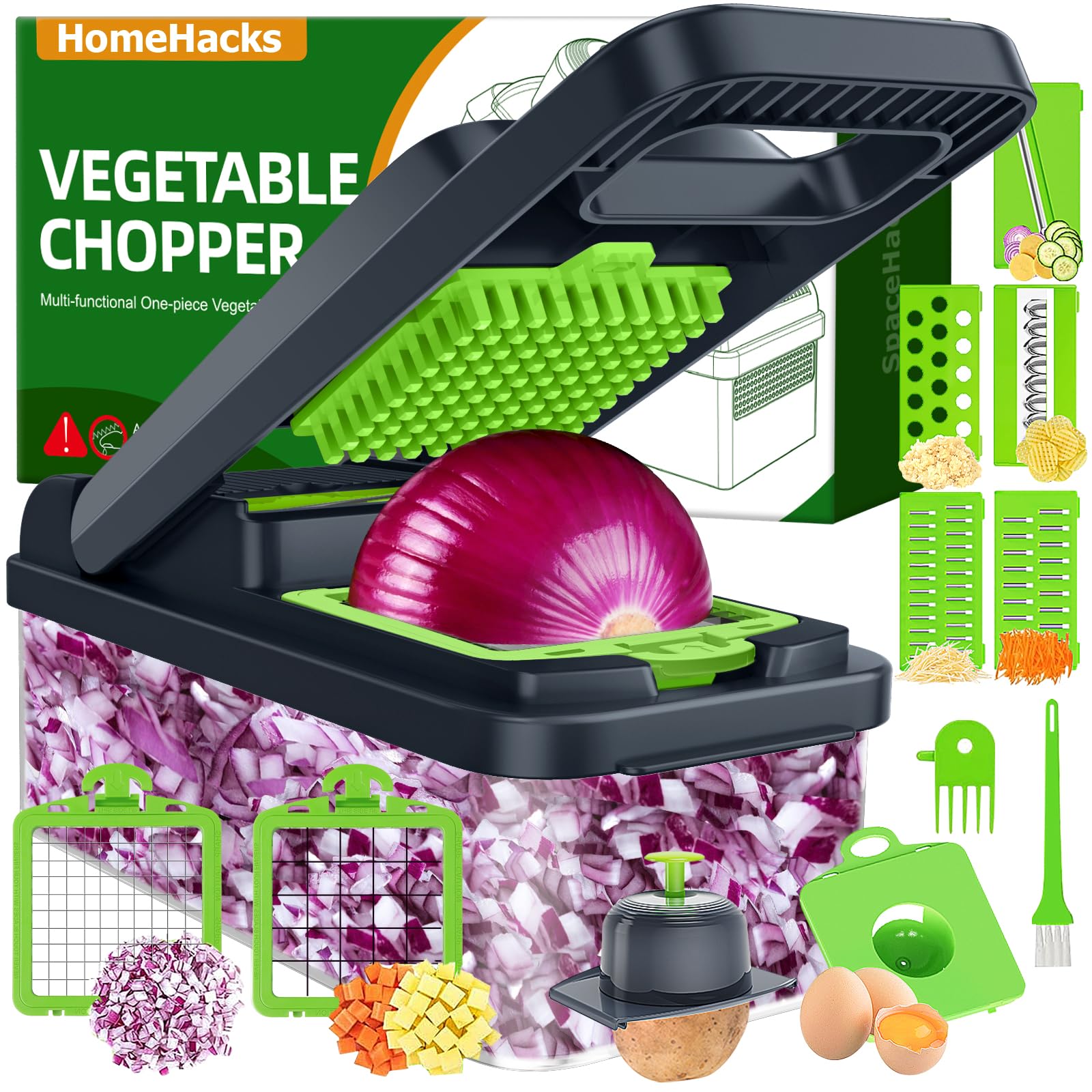 homehacks vegetable chopper vegetable cutter 12 in 1 kitchen gadget dicer slicer onion cutter salad cheese grater amp egg separator - multi-functional veggie chopper lid with handle grey