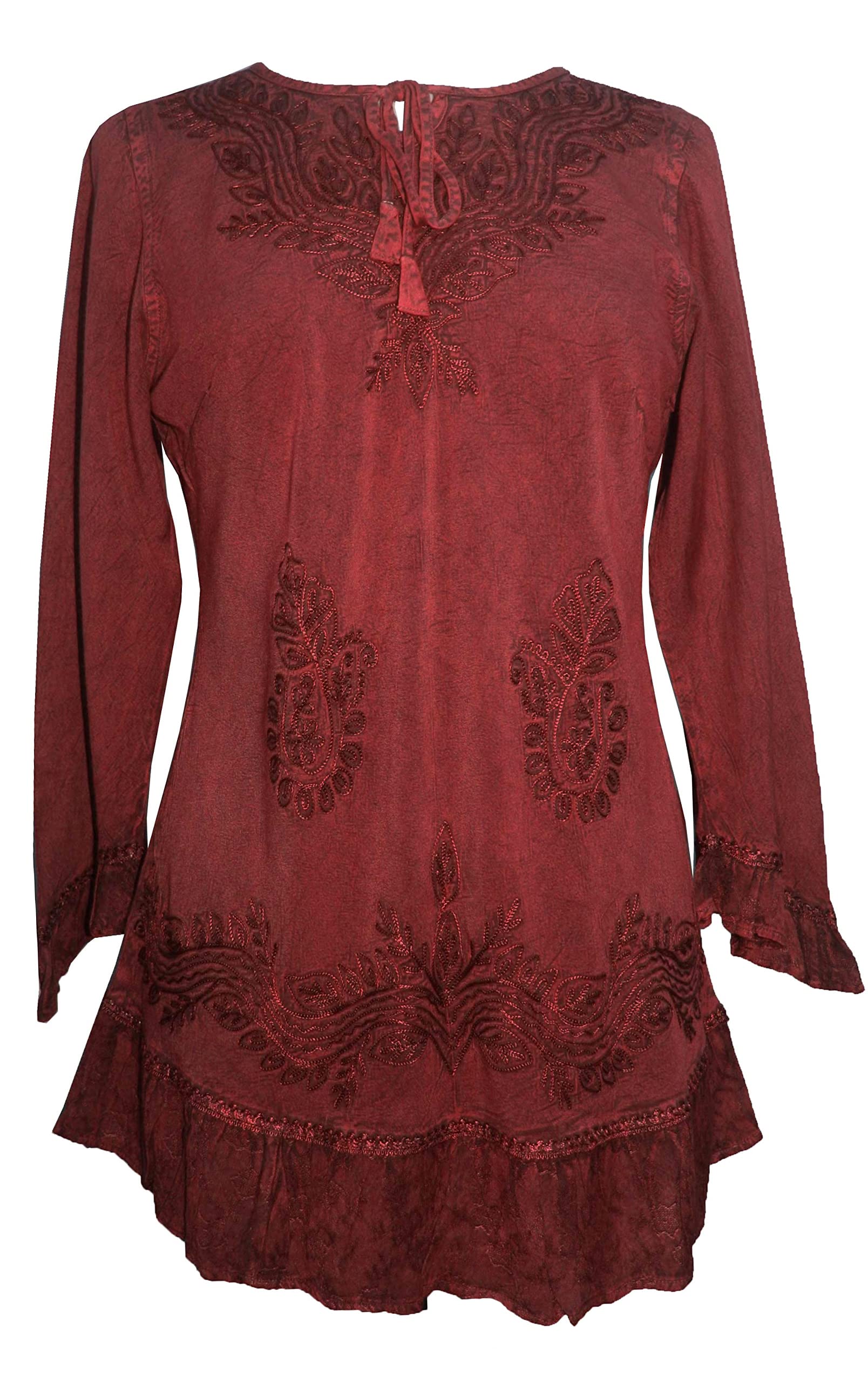 Agan TradersWomen's 3/4 Sleeve Ruffle Embroidered Rope Tie Gypsy Medieval Tunic Kurta Blouse