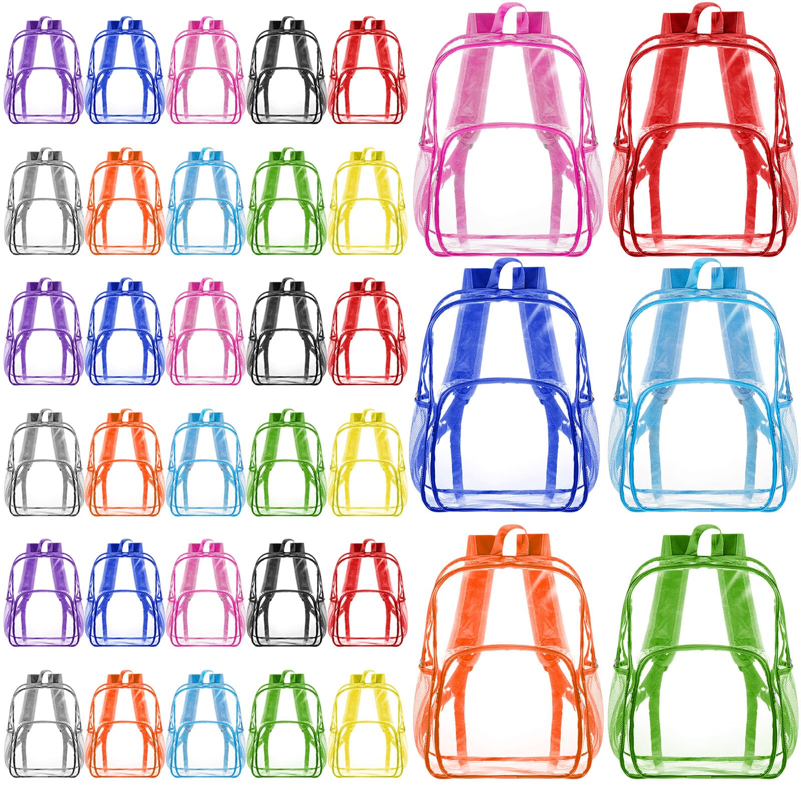 Amylove 48 Pcs Clear Backpack bulk for Stadium Events Heavy Duty PVC Transparent Bookbag for College Workplace Security (15 Inches,Bright 10 Colors)