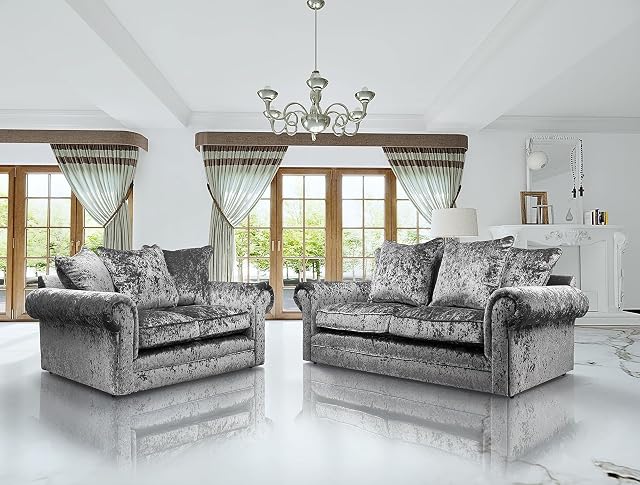 HHI Silver Crushed Velvet Sofas (3+2 sofa set) Sofa Settee - 3 and 2 seater sofa sets with cushions Discount Offer on Sofa Set cheap