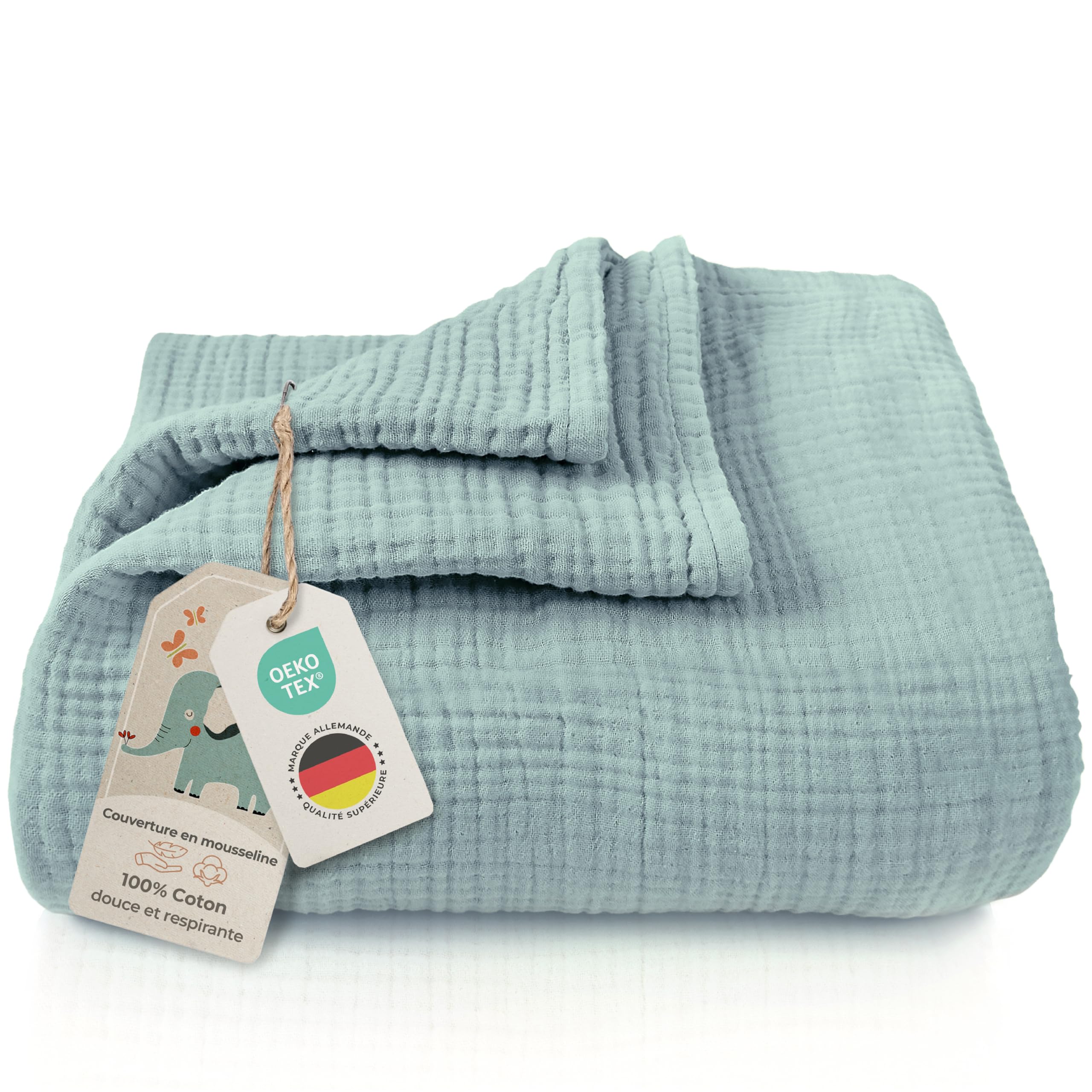 LAYNENBURG Couverture en mousseline de qualité supérieure pour bébé - 120 x 120 cm - 4 couches - 100 % coton - Certifié Oeko-TEX 100 - Couverture douillette ou couverture d'emmaillotage pour bébé